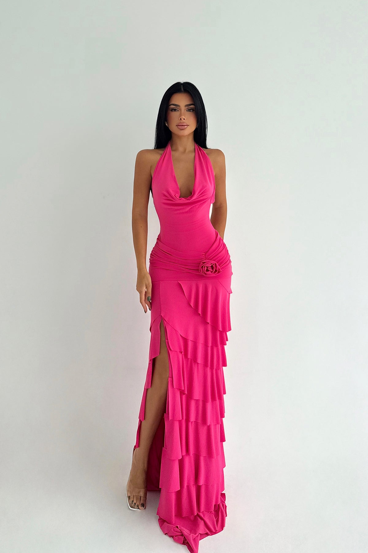 Fuşya Destiny Uzun Yırtmaçlı Elbise ATE-3544