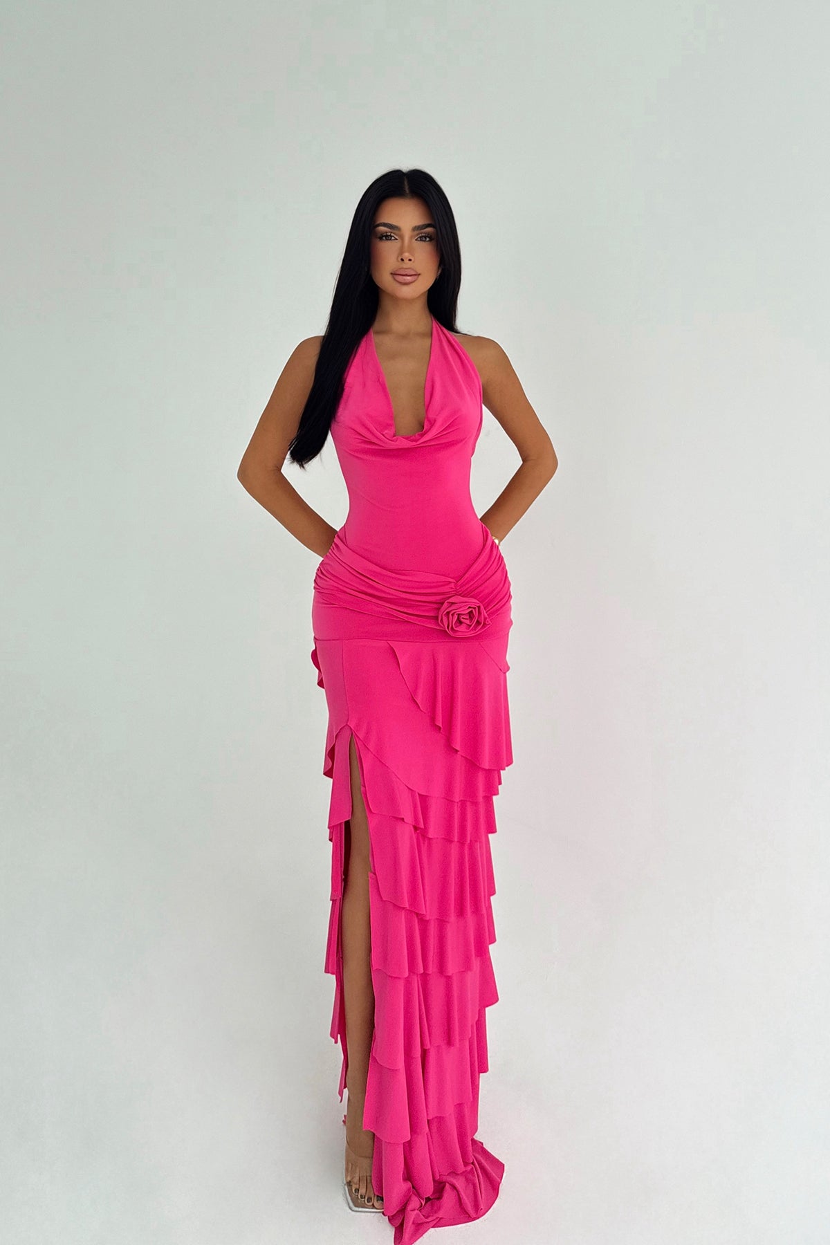 Fuşya Destiny Uzun Yırtmaçlı Elbise ATE-3544
