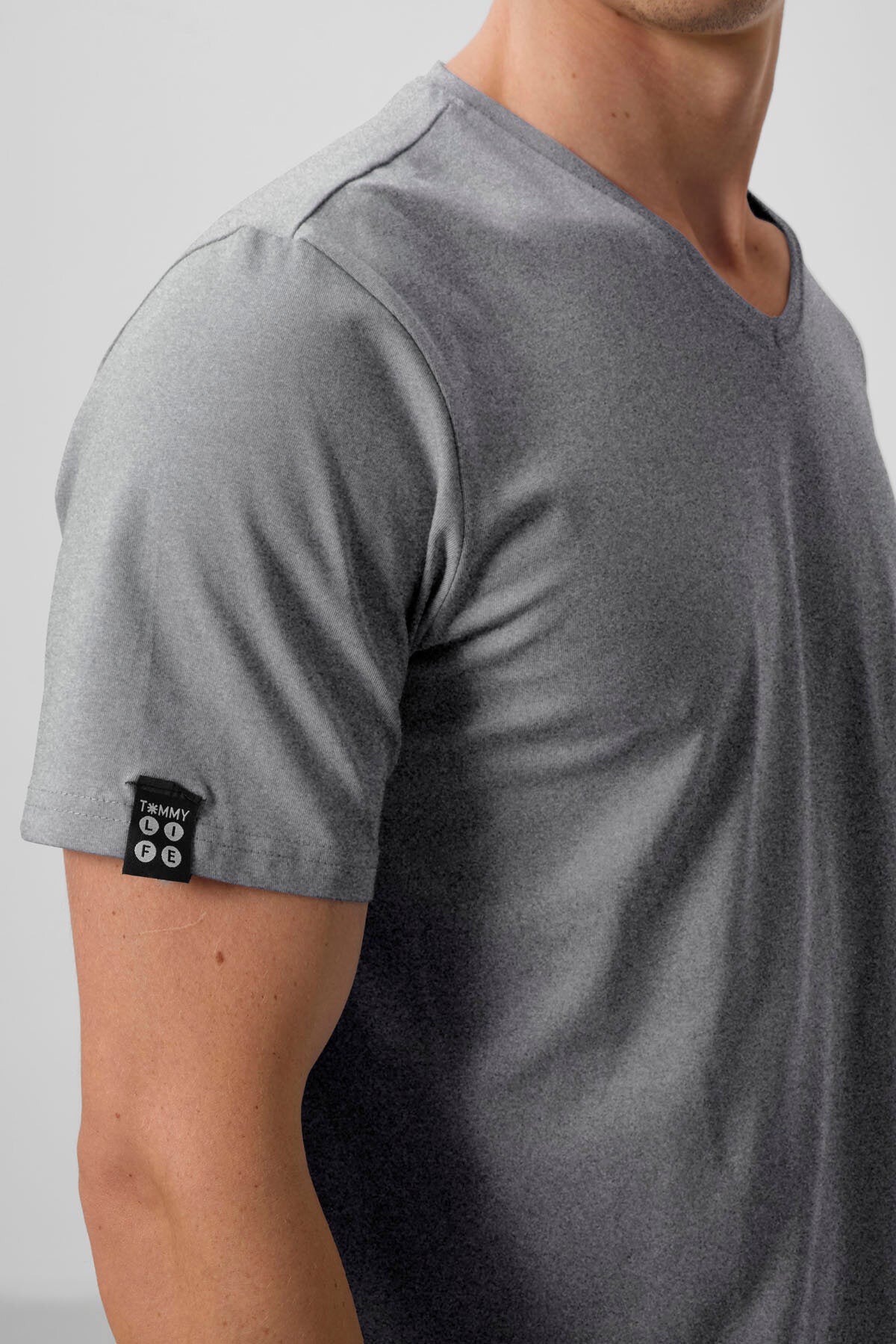 Gri Melanj Basic Kısa Kol Standart Kalıp V Yaka Erkek T-Shirt - 87912