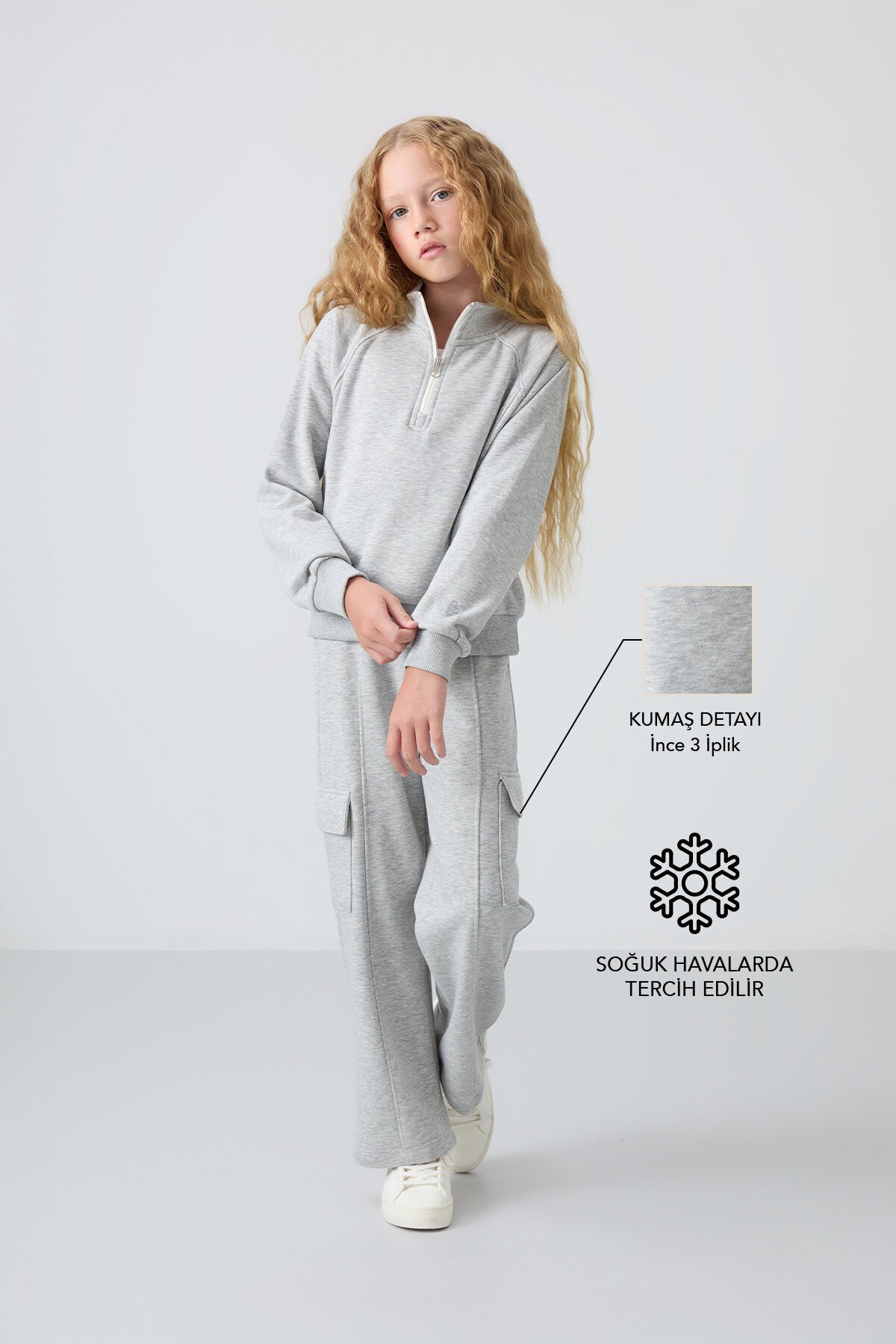 Gri Melanj Pamuklu İçi Tüylü Yumuşak Dokulu Standart Fit Nakışlı Kız Çocuk Eşofman Takım - 75159