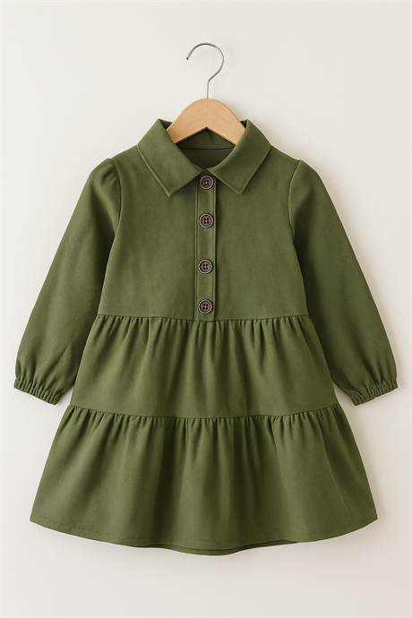 Gabardin Kız Çocuk Elbise Yeşil 3 Yaş