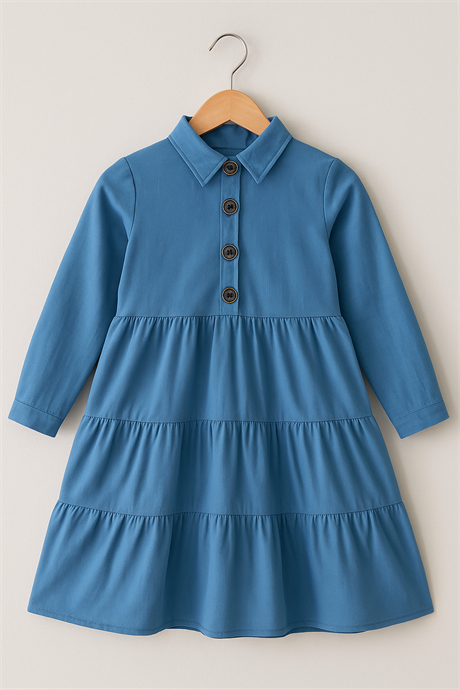Gabardin Kız Çocuk Elbise Mavi 6 Yaş