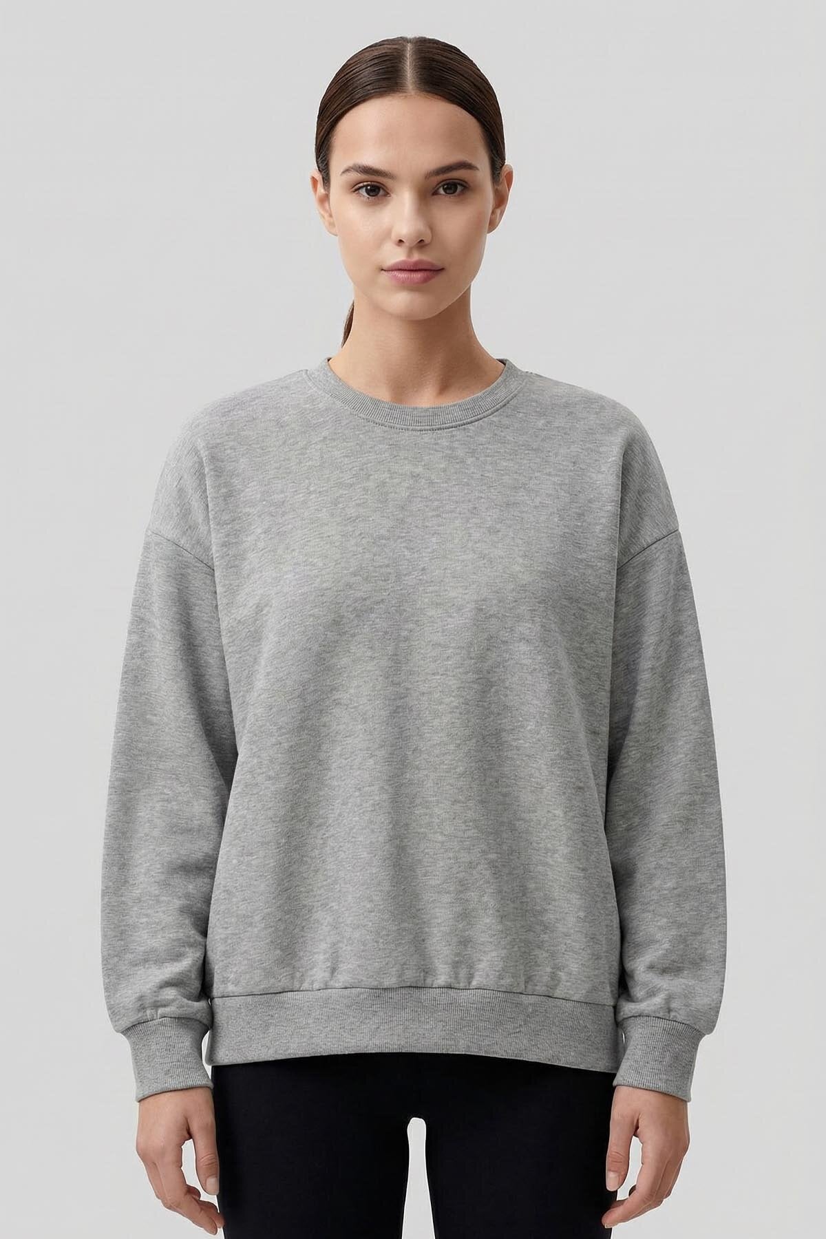 Gri Melanj Basic O Yaka Oversize Kadın Sweatshirt - 97053