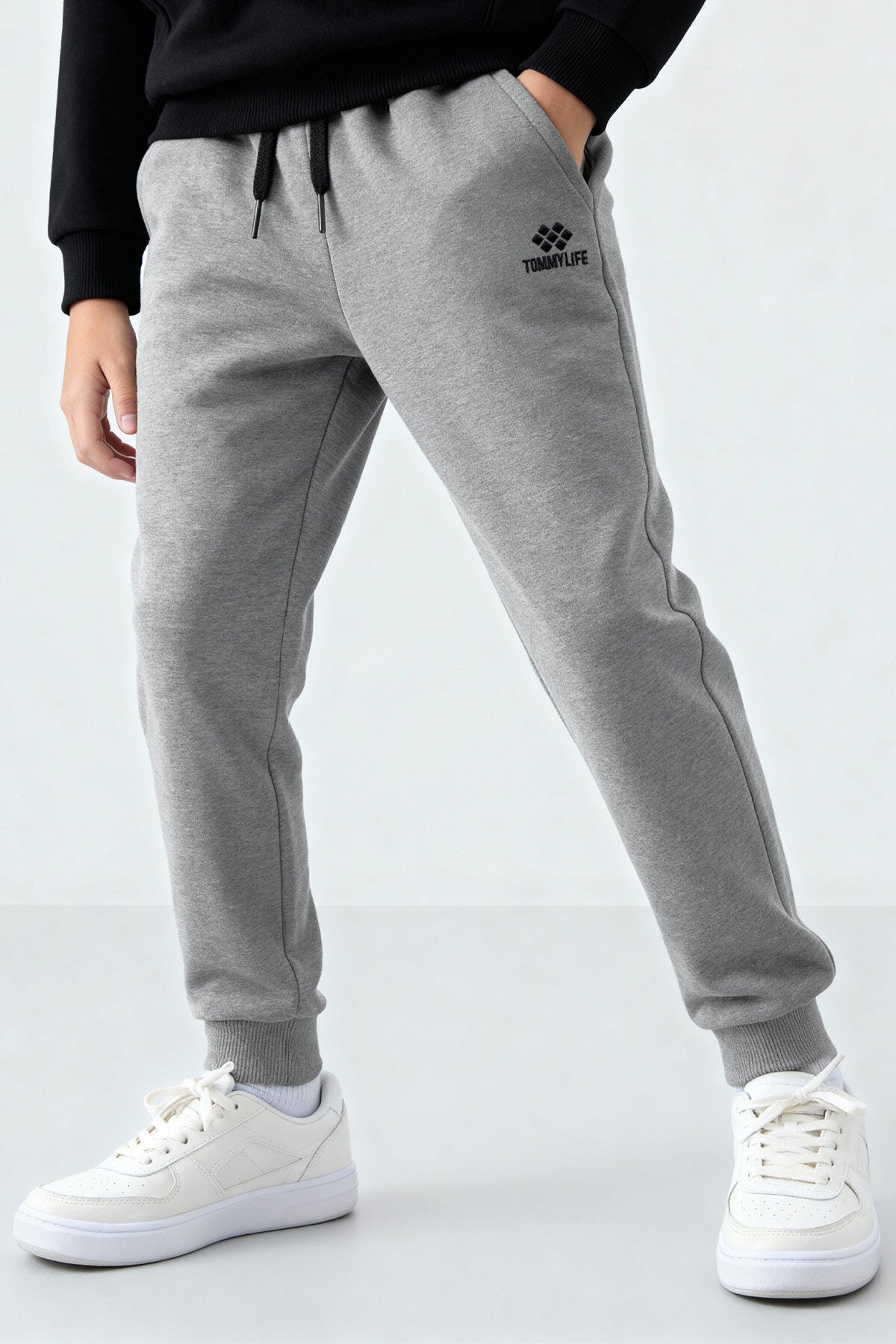 Gri Melanj Standart Fit Manşetli İnce Erkek Çocuk Eşofman Alt - 11205