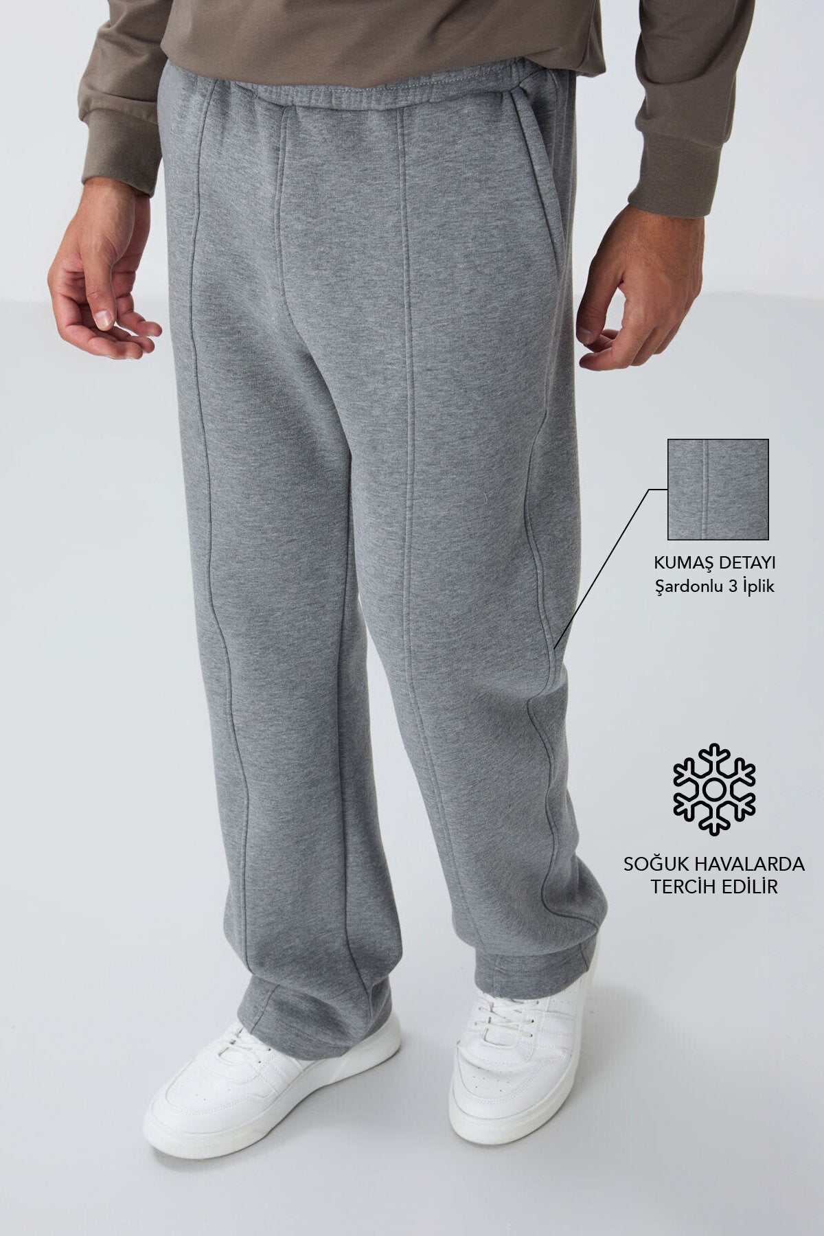 Gri Melanj Pamuklu Kalın İçi Tüylü Yumuşak Dokulu Oversize Nakışlı Erkek Eşofman Altı -82146