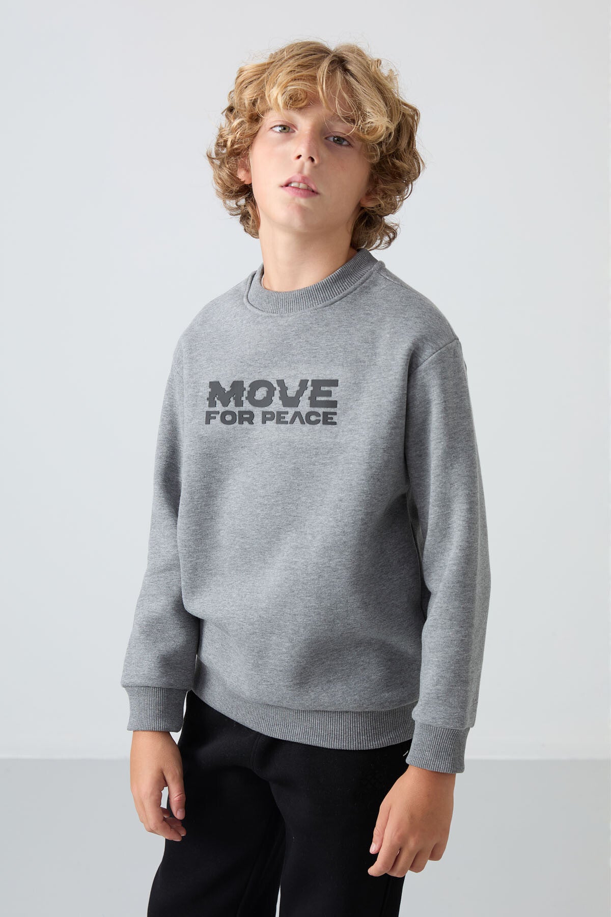 Gri Melanj Pamuklu Kalın İçi Tüylü Standart Fit Baskılı Erkek Çocuk Sweatshirt - 11216
