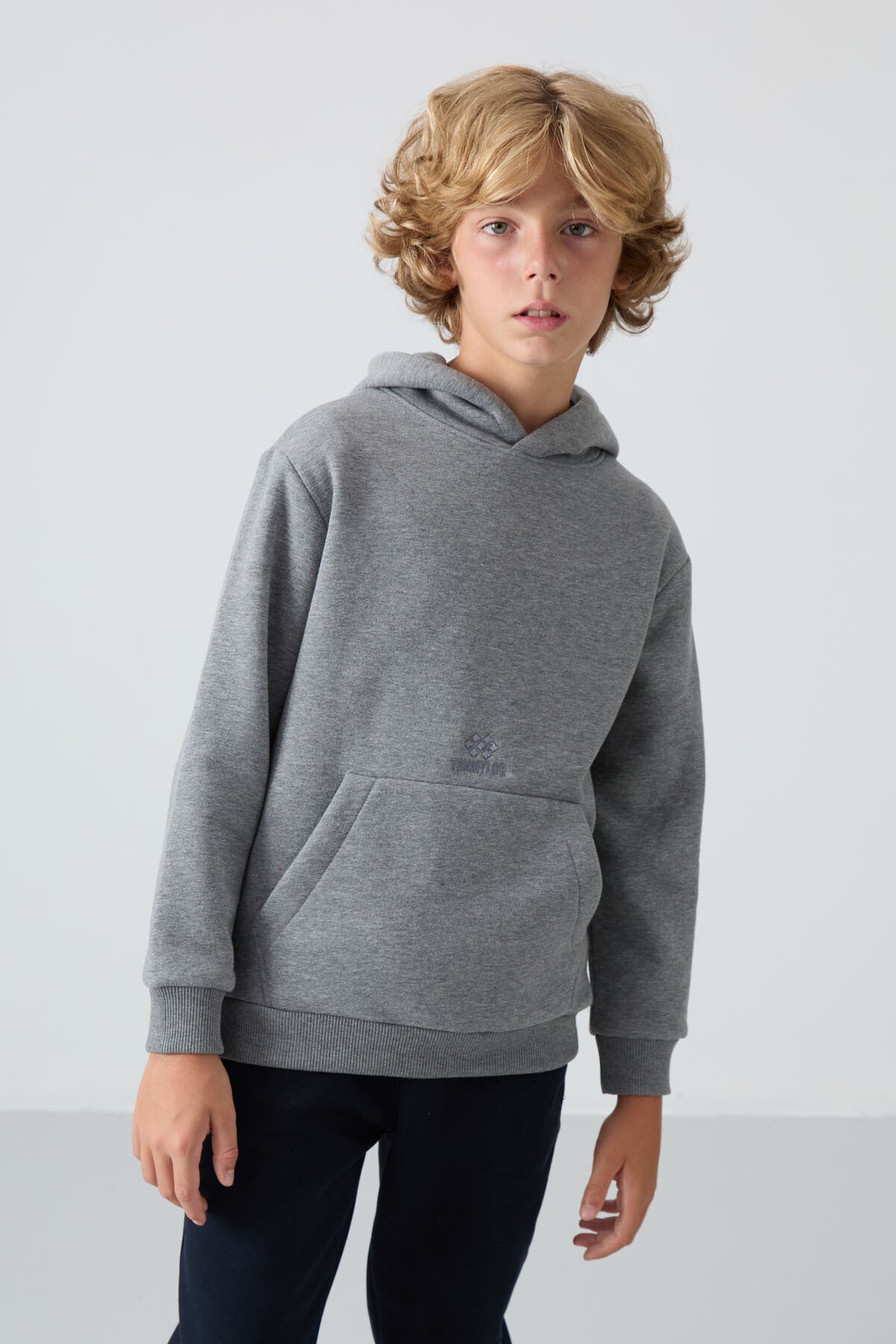 Gri Melanj Pamuklu Kalın İçi Tüylü Standart Fit Baskılı Erkek Çocuk Sweatshirt - 11215
