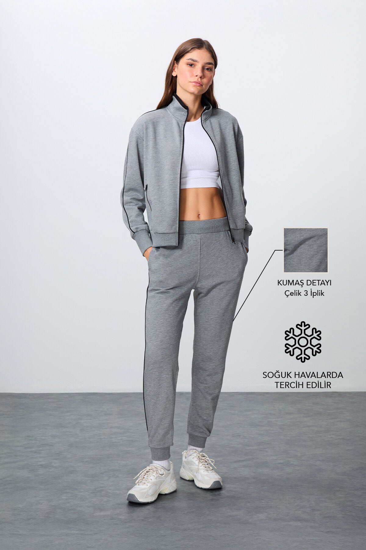 Gri Melanj Kompakt Pamuklu Kalın Pürüzsüz Dokulu Dik Yaka Oversize Fit Kadın Eşofman Takım - 95340