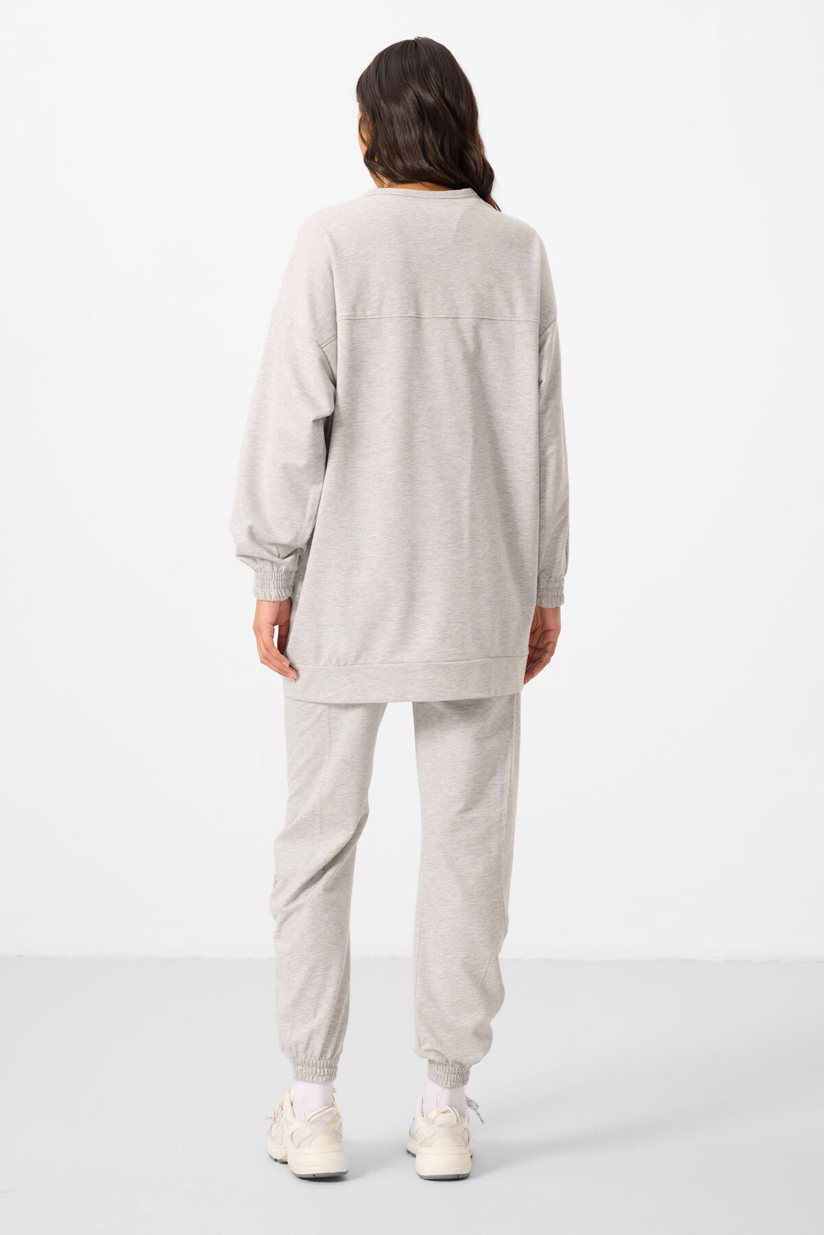 Gri Melanj O Yaka Basic Oversize Kadın Eşofman Tunik Takım - 95347