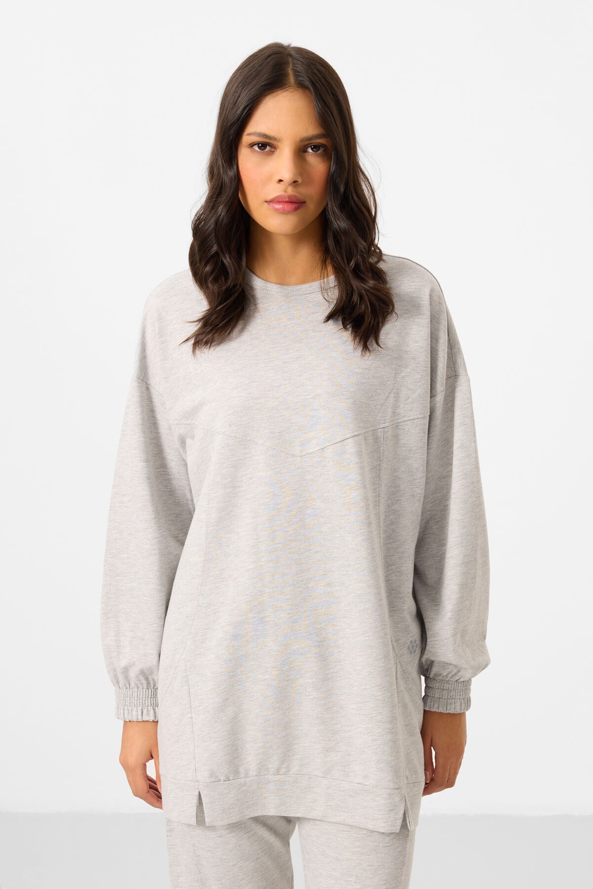 Gri Melanj O Yaka Basic Oversize Kadın Eşofman Tunik Takım - 95347