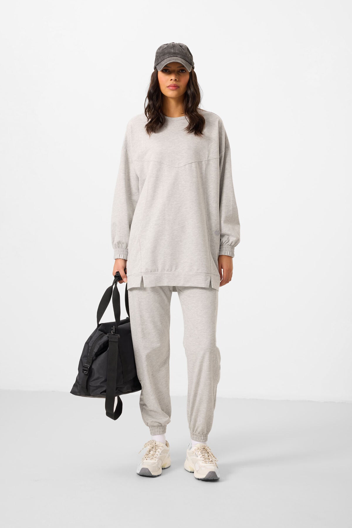 Gri Melanj O Yaka Basic Oversize Kadın Eşofman Tunik Takım - 95347