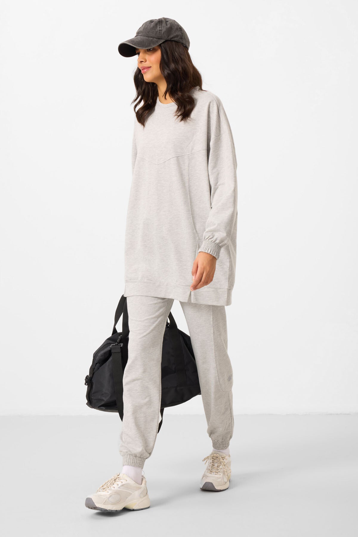 Gri Melanj O Yaka Basic Oversize Kadın Eşofman Tunik Takım - 95347