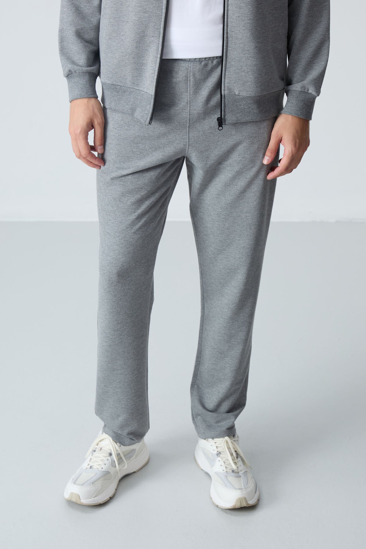 Gri Melanj Pamuklu Kalın Yumuşak Dokulu Comfort Fit Basic Erkek Eşofman Takım - 85260