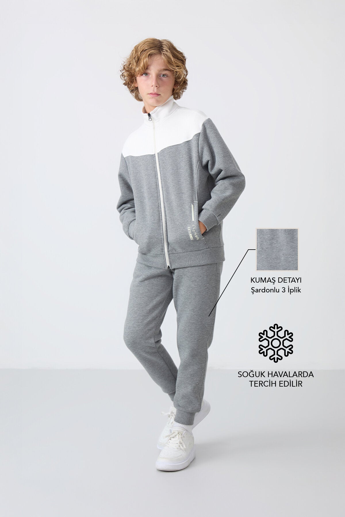 Gri Melanj Pamuklu Kalın İçi Tüylü Standart Fit Nakışlı Erkek Çocuk Eşofman Takım - 11240