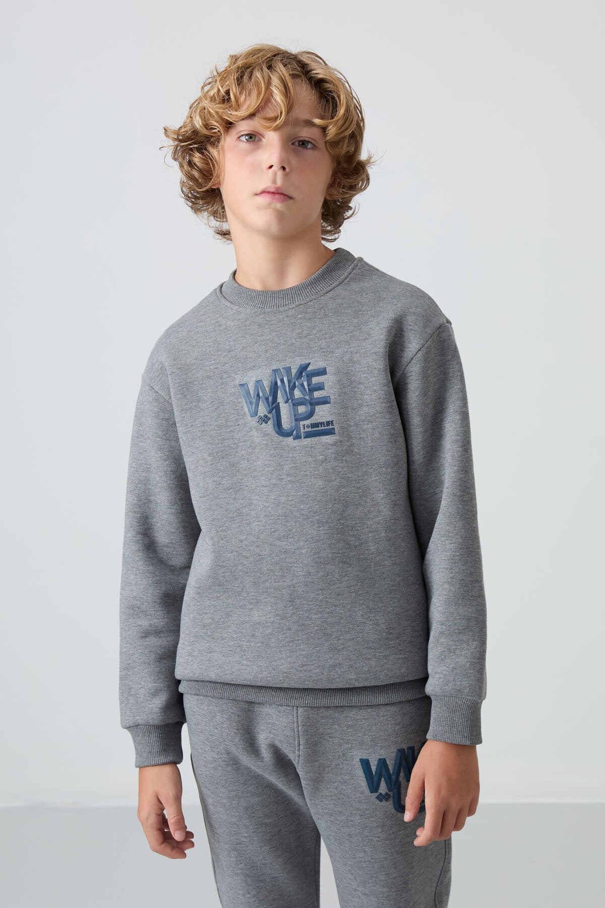 Gri Melanj Pamuklu Kalın İçi Tüylü Standart Fit Baskılı Erkek Çocuk Eşofman Takım - 11253