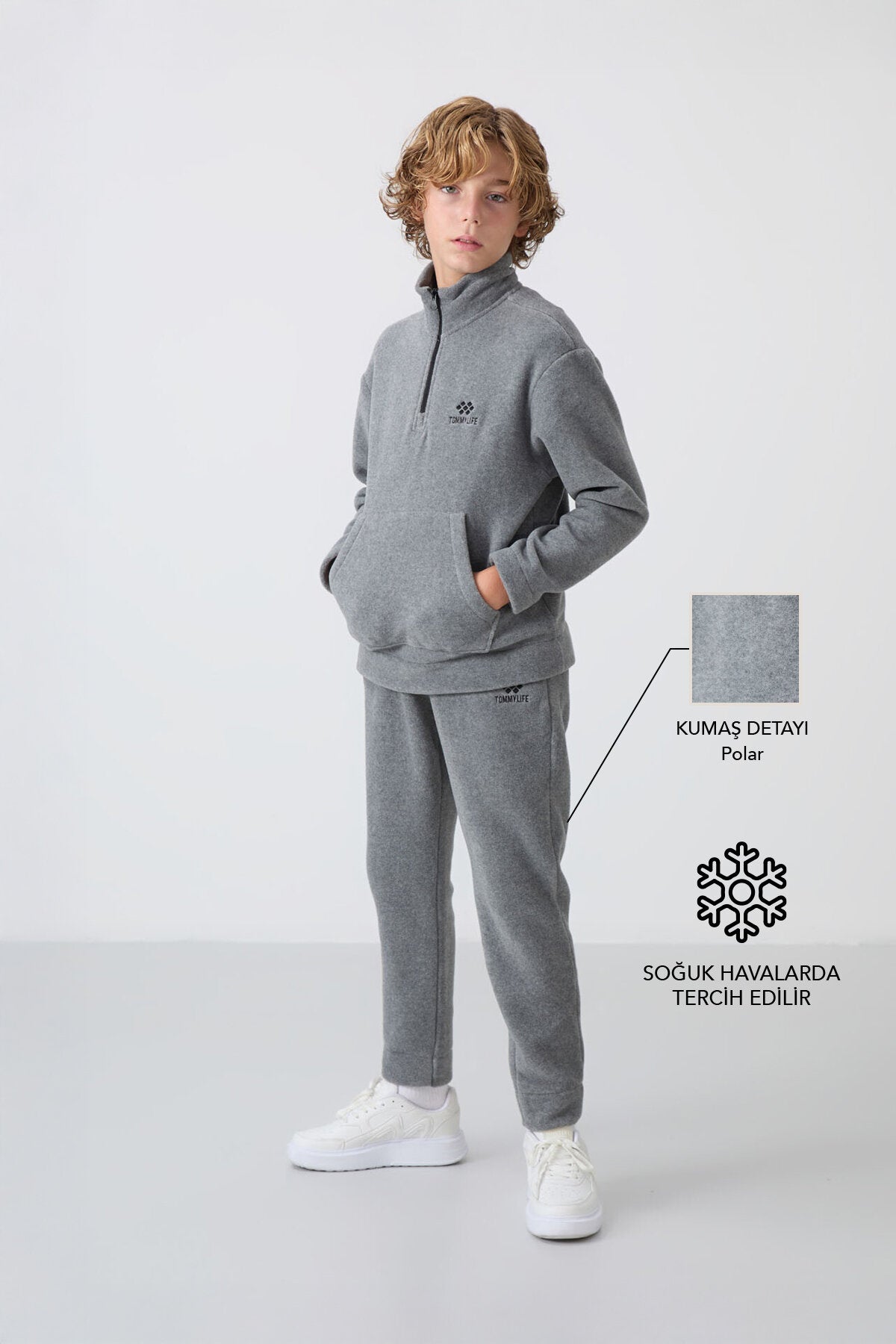 Gri Melanj Kalın Yumuşak Dokulu Standart Fit Nakışlı Polar Erkek Çocuk Eşofman Takım - 11218