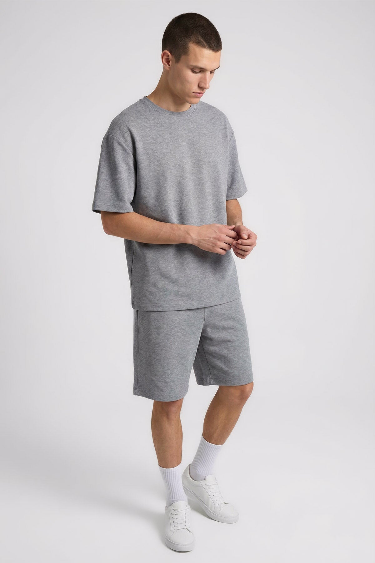 Gri Melanj Oversize Fit Basic Erkek Şort Takım - 85292