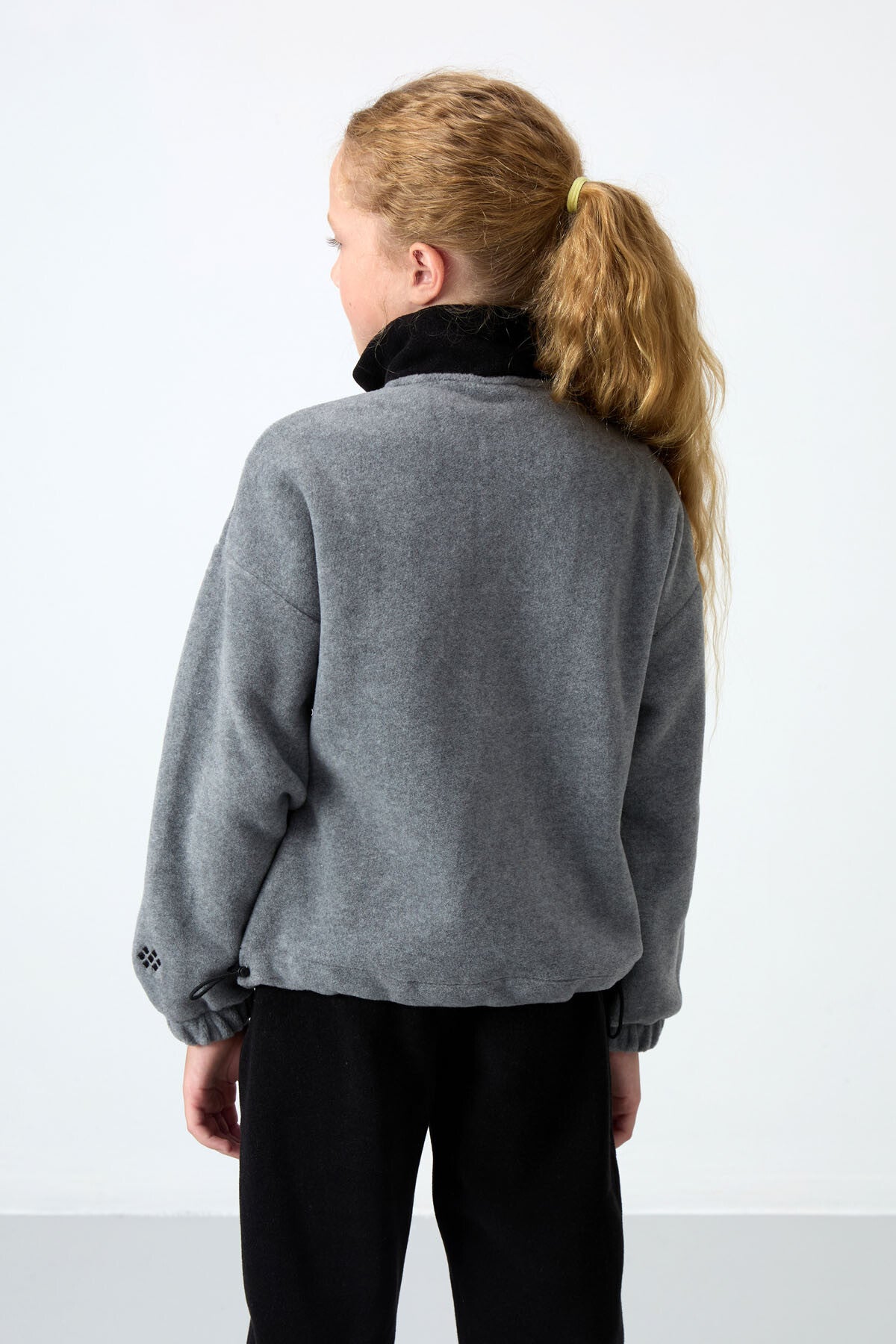 Gri Melanj Kalın Yumuşak Dokulu Oversize Nakışlı Polar Kız Çocuk Sweatshirt - 75153