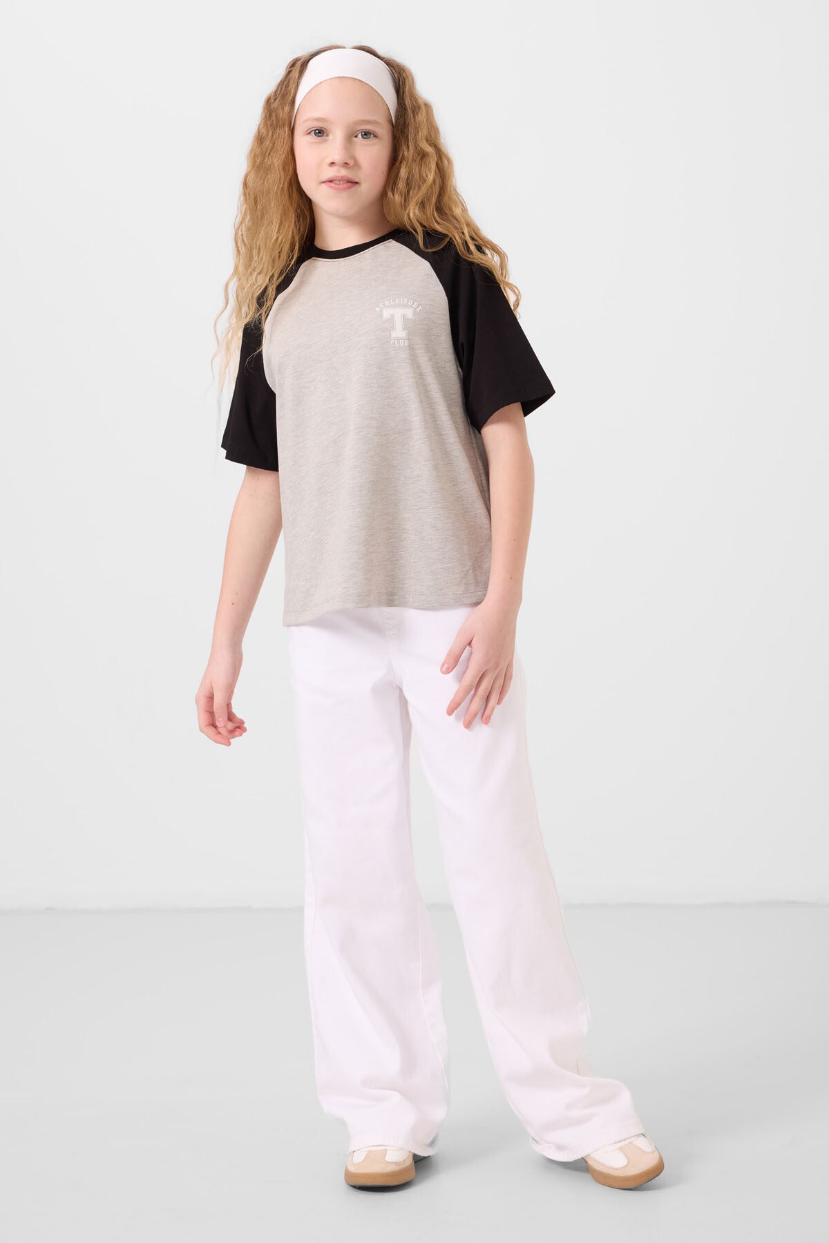 Gri Melanj O Yaka Pamuklu Baskılı Oversize Fit Kız Çocuk T-Shirt - 75179