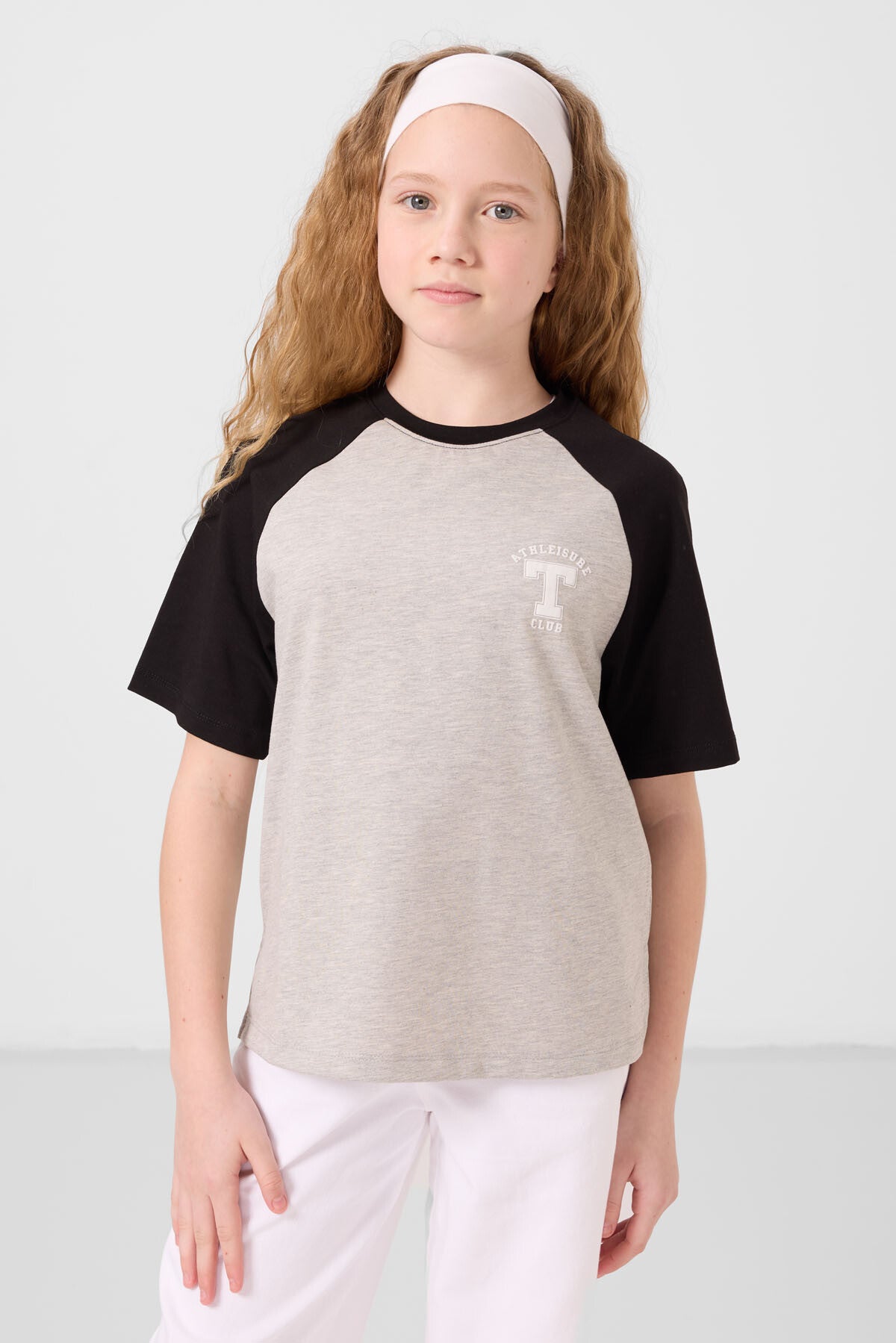 Gri Melanj O Yaka Pamuklu Baskılı Oversize Fit Kız Çocuk T-Shirt - 75179