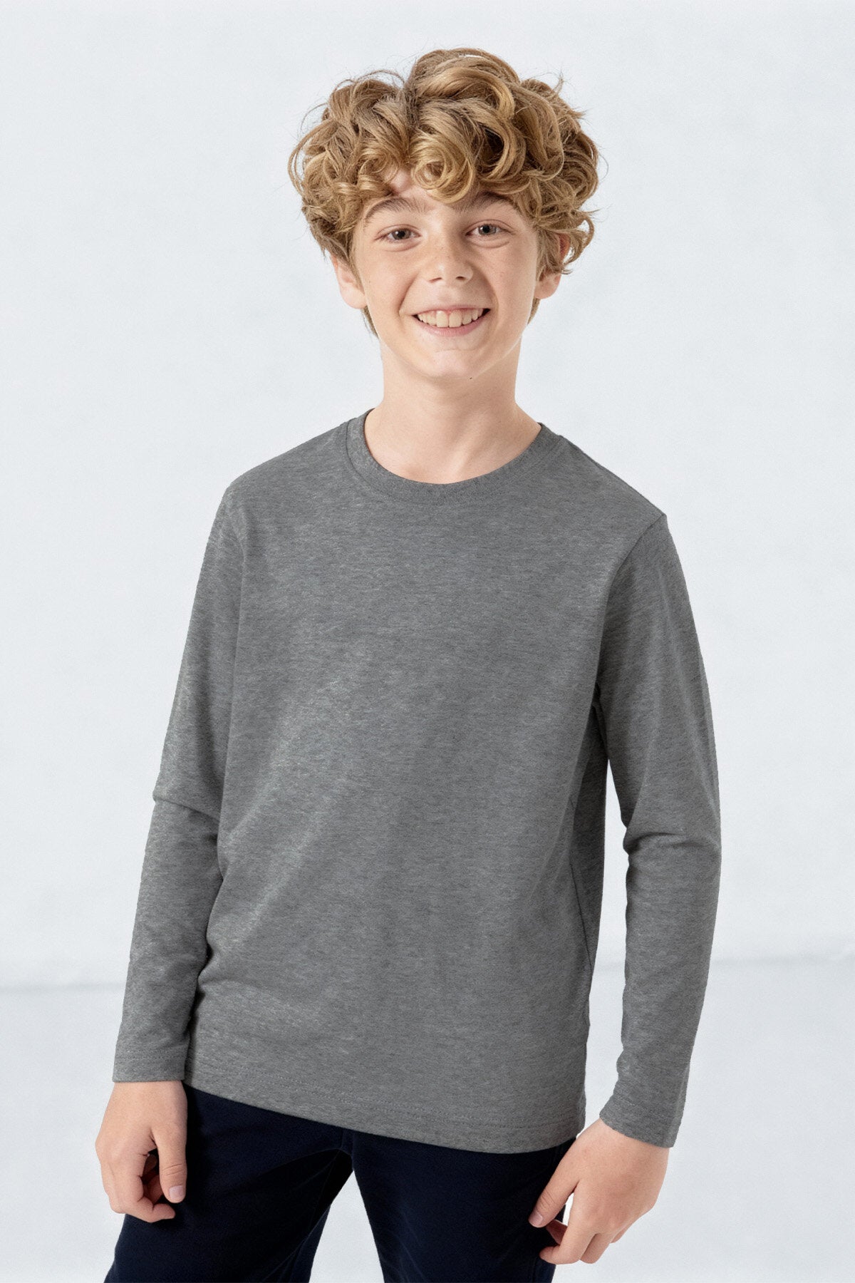 Gri Melanj O Yaka Standart Fit Basic Uzun Kollu Unisex Çocuk T-Shirt - 11329