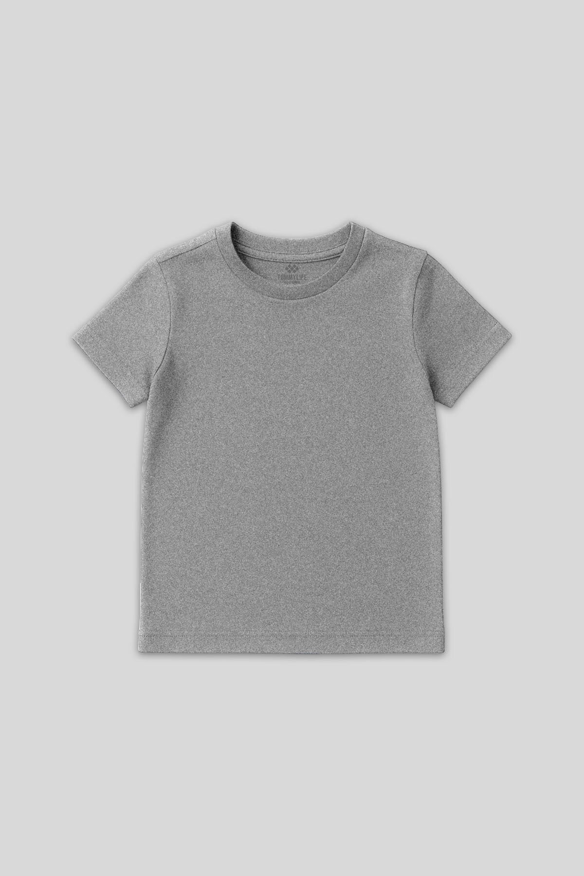 Gri Melanj O Yaka Standart Fit Basic Unisex Çocuk T-Shirt - 11328
