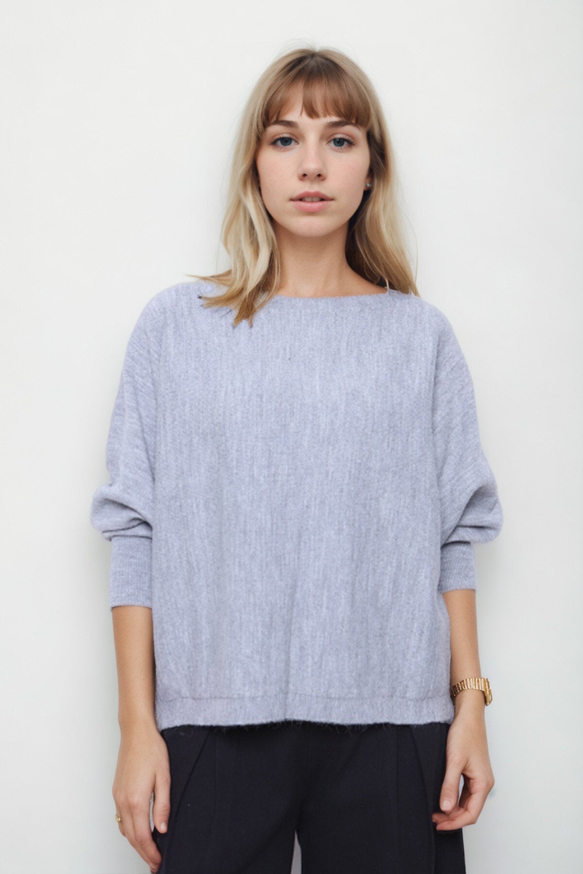 Geniş Yaka Yarasa Kol Oversize Triko Bluz
