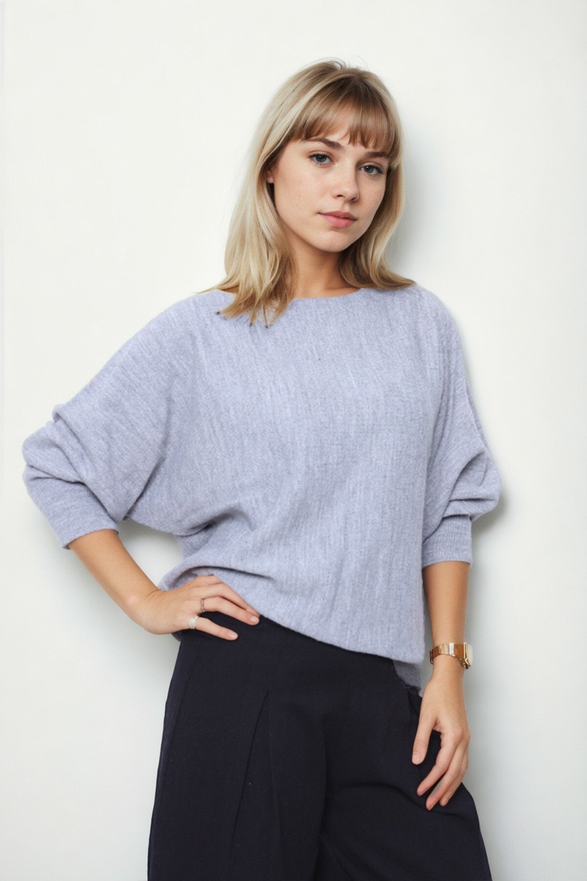 Geniş Yaka Yarasa Kol Oversize Triko Bluz