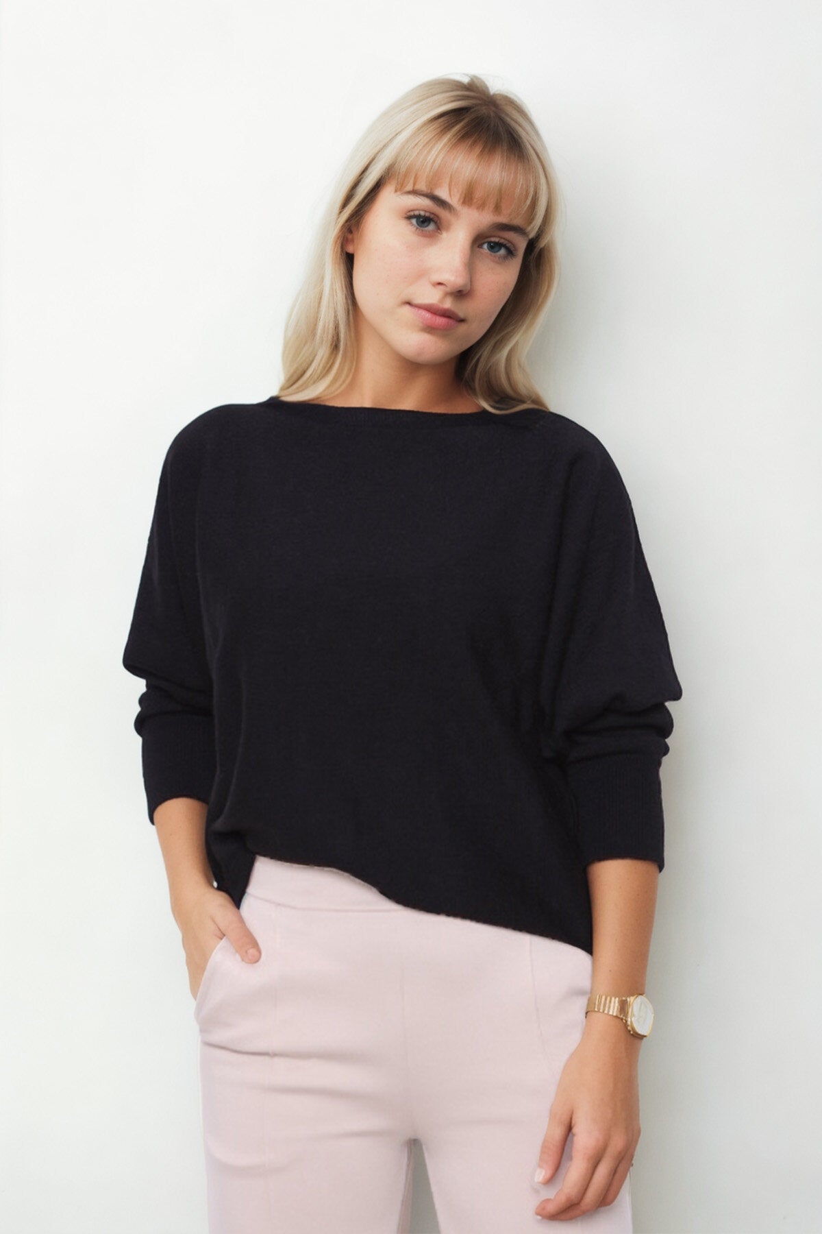 Geniş Yaka Yarasa Kol Oversize Triko Bluz