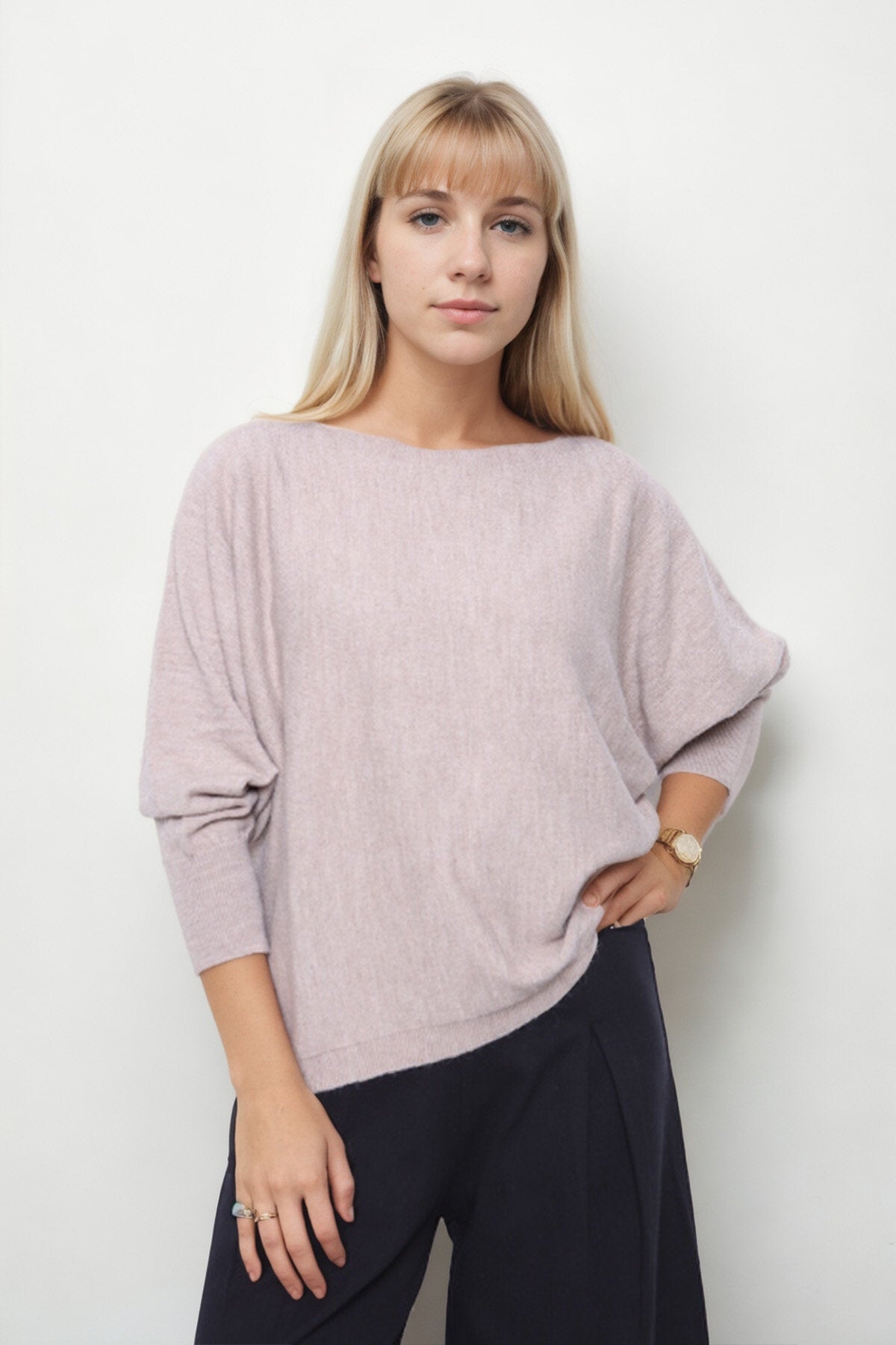 Geniş Yaka Yarasa Kol Oversize Triko Bluz