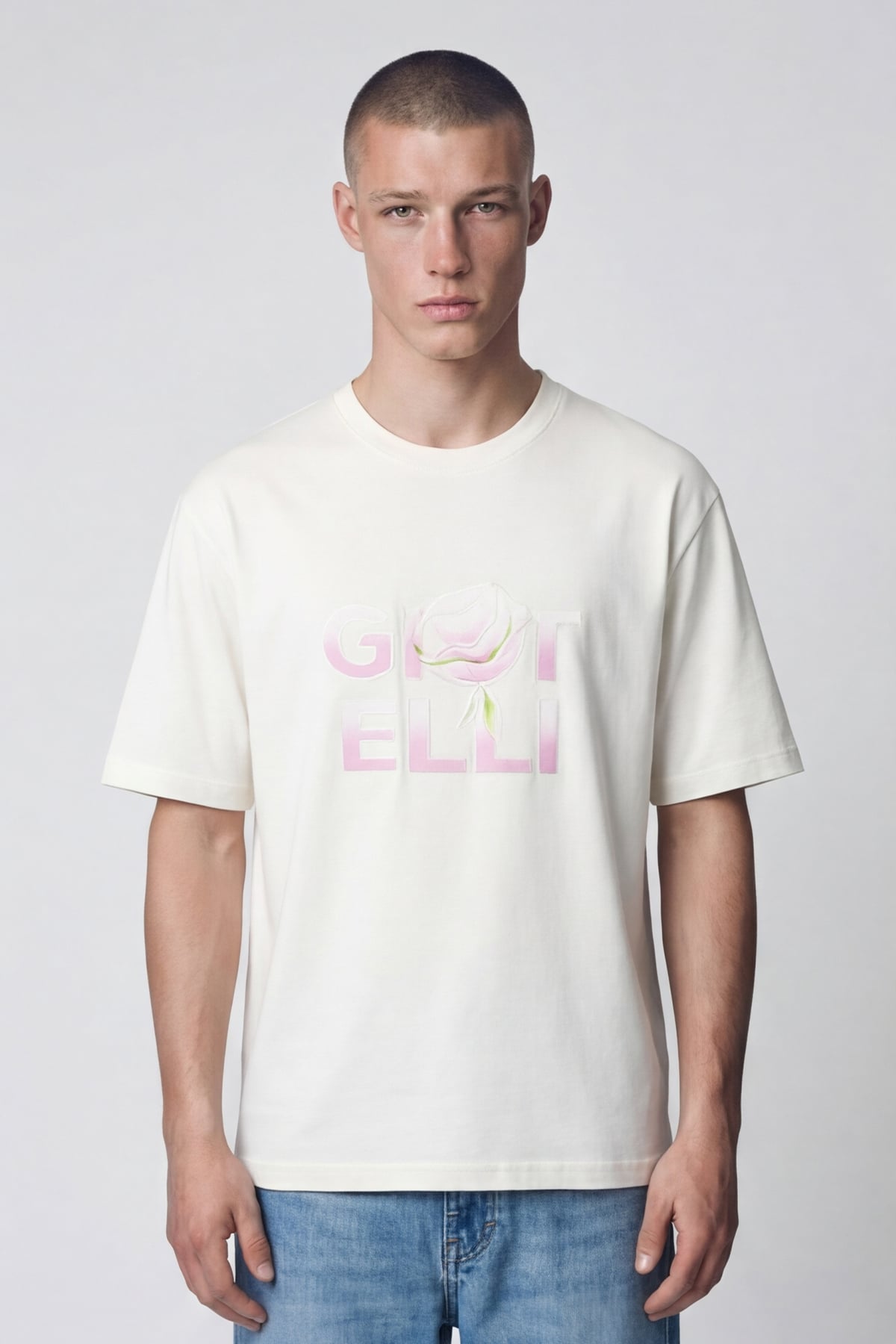 Giotelli Erkek Beyaz Geniş Kesim Oversize Fit %100 Pamuk Baskılı Bisiklet Yaka Tişört