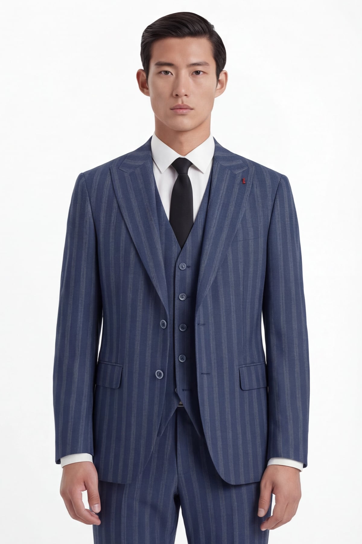 Giotelli Erkek Lacivert Dar Kesim Slim Fit Viskon Çizgili Dokuma Fleto Kapaklı Cep Normal Bel 8 Drop Yelekli Klasik Takım Elbise