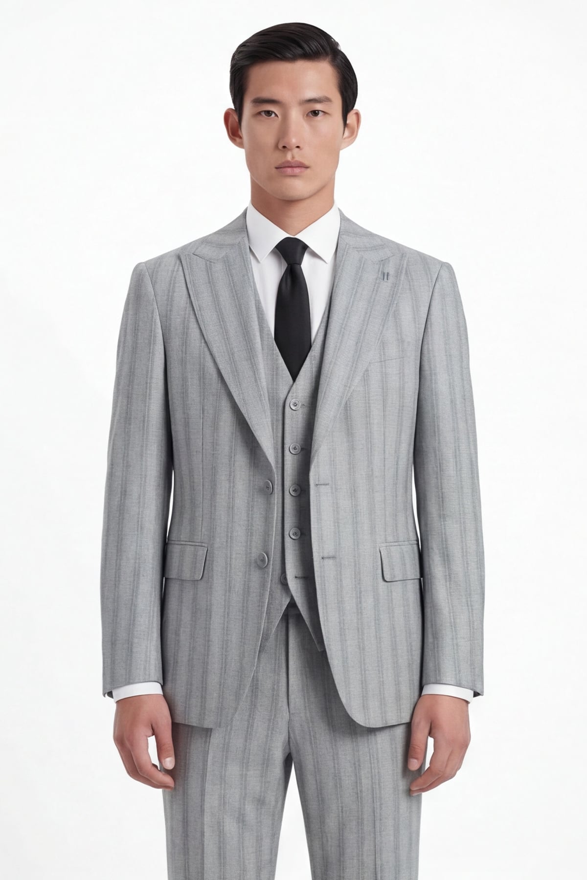 Giotelli Erkek Gri Dar Kesim Slim Fit Viskon Çizgili Dokuma Fleto Kapaklı Cep Normal Bel 8 Drop Yelekli Klasik Takım Elbise