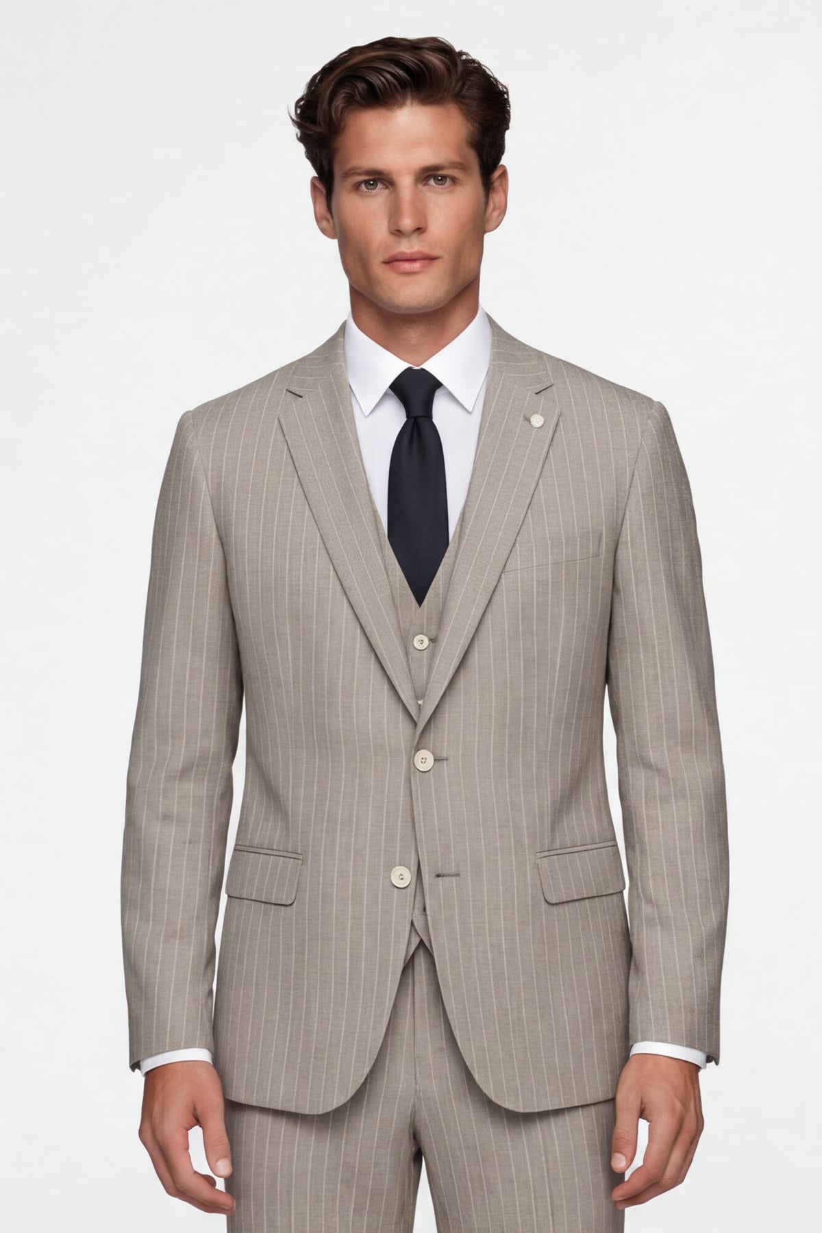 Giotelli Erkek Açık Bej Dar Kesim Slim Fit Viskon Çizgili Mono Yaka 8 Drop Yelekli Takım Elbise