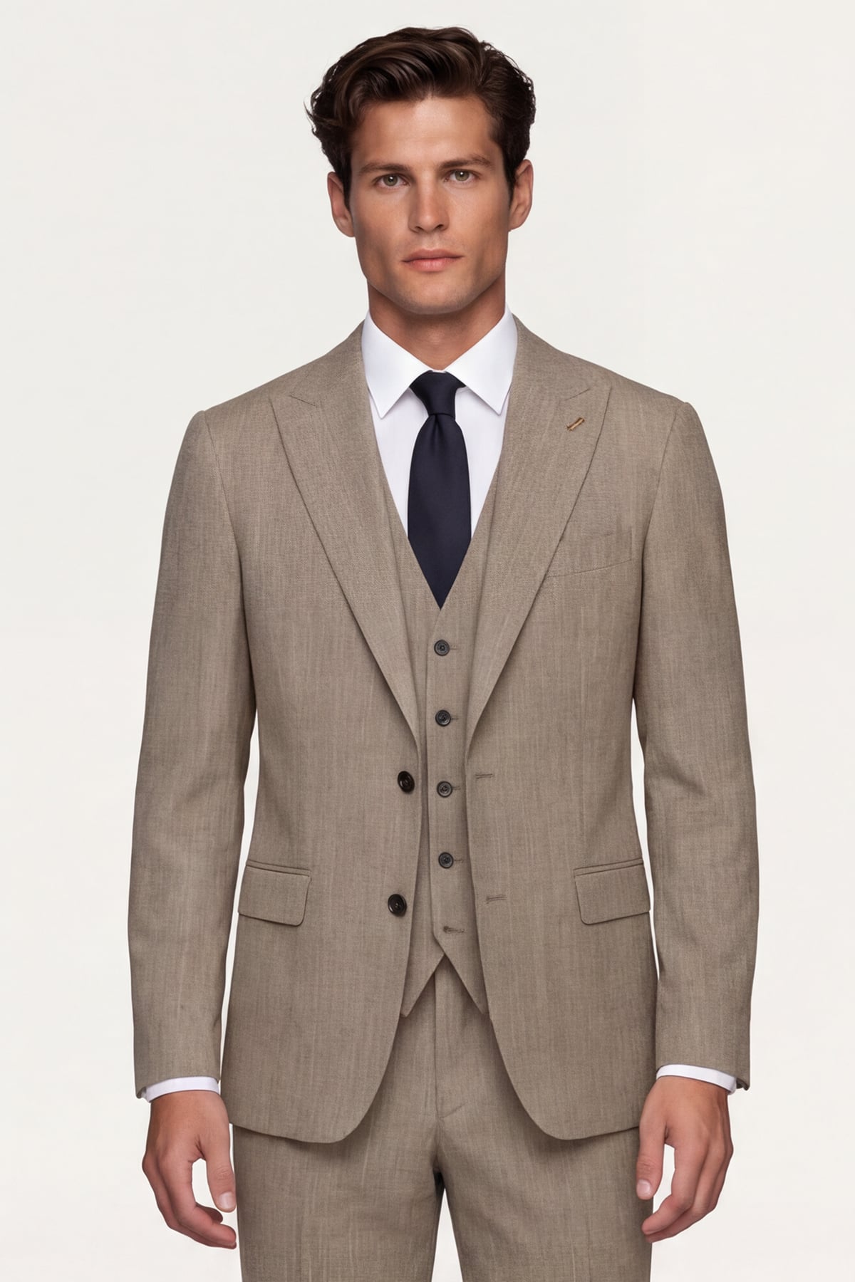 Giotelli Erkek Bej Dar Kesim Slim Fit Viskon 6 Drop Yelekli Takım Elbise