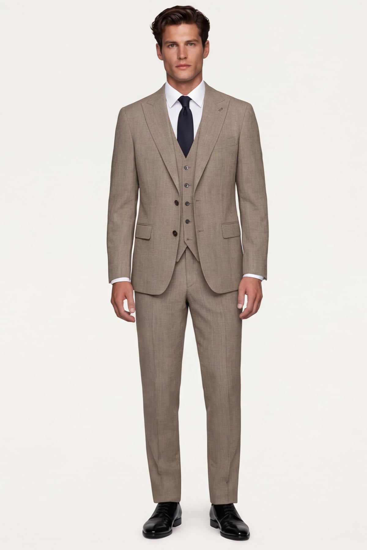 Giotelli Erkek Bej Dar Kesim Slim Fit Viskon 6 Drop Yelekli Takım Elbise