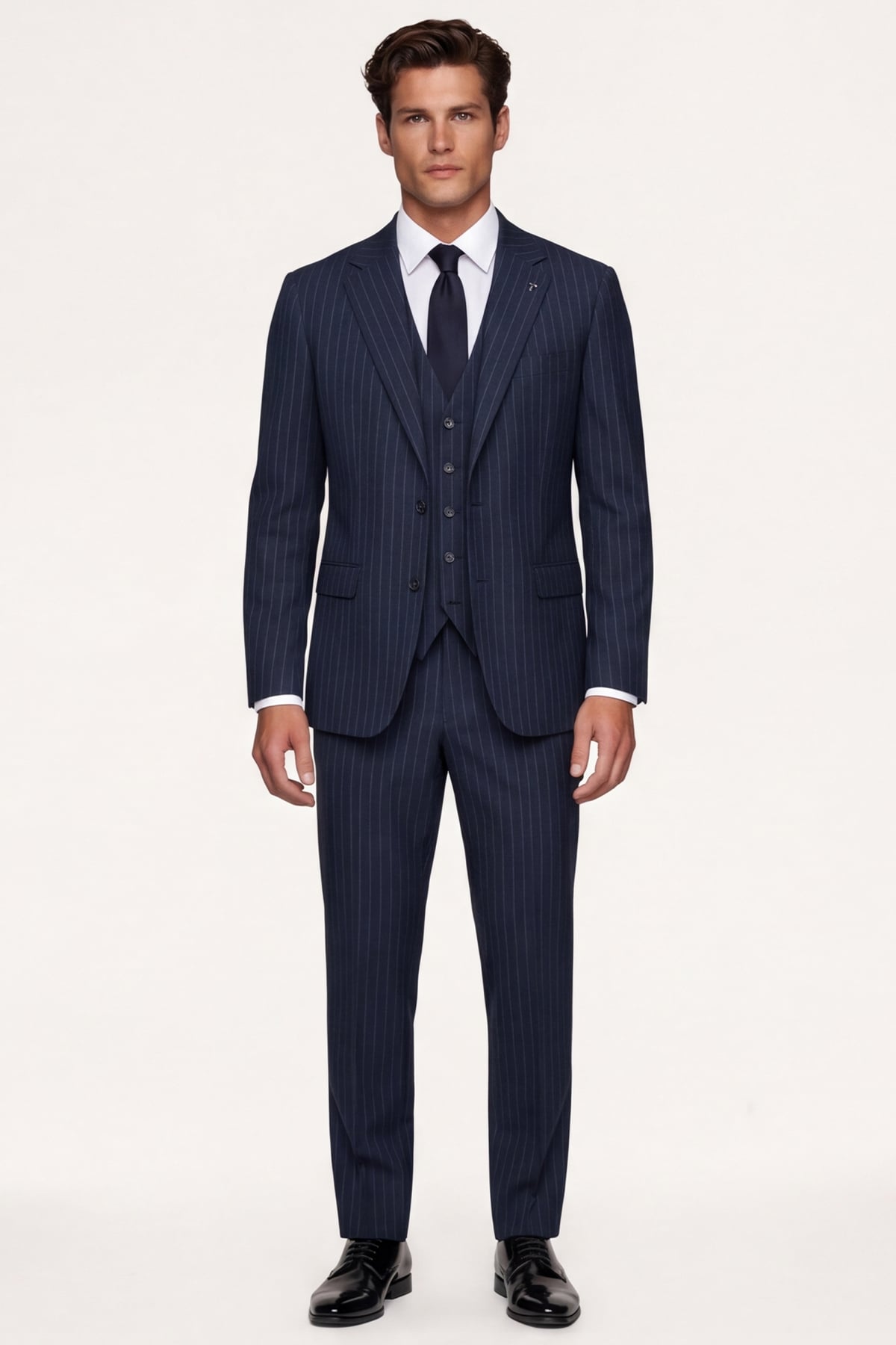 Giotelli Erkek Lacivert Dar Kesim Slim Fit Viskon Çizgili Yan Cep Normal Bel 6 Drop Takım Elbise