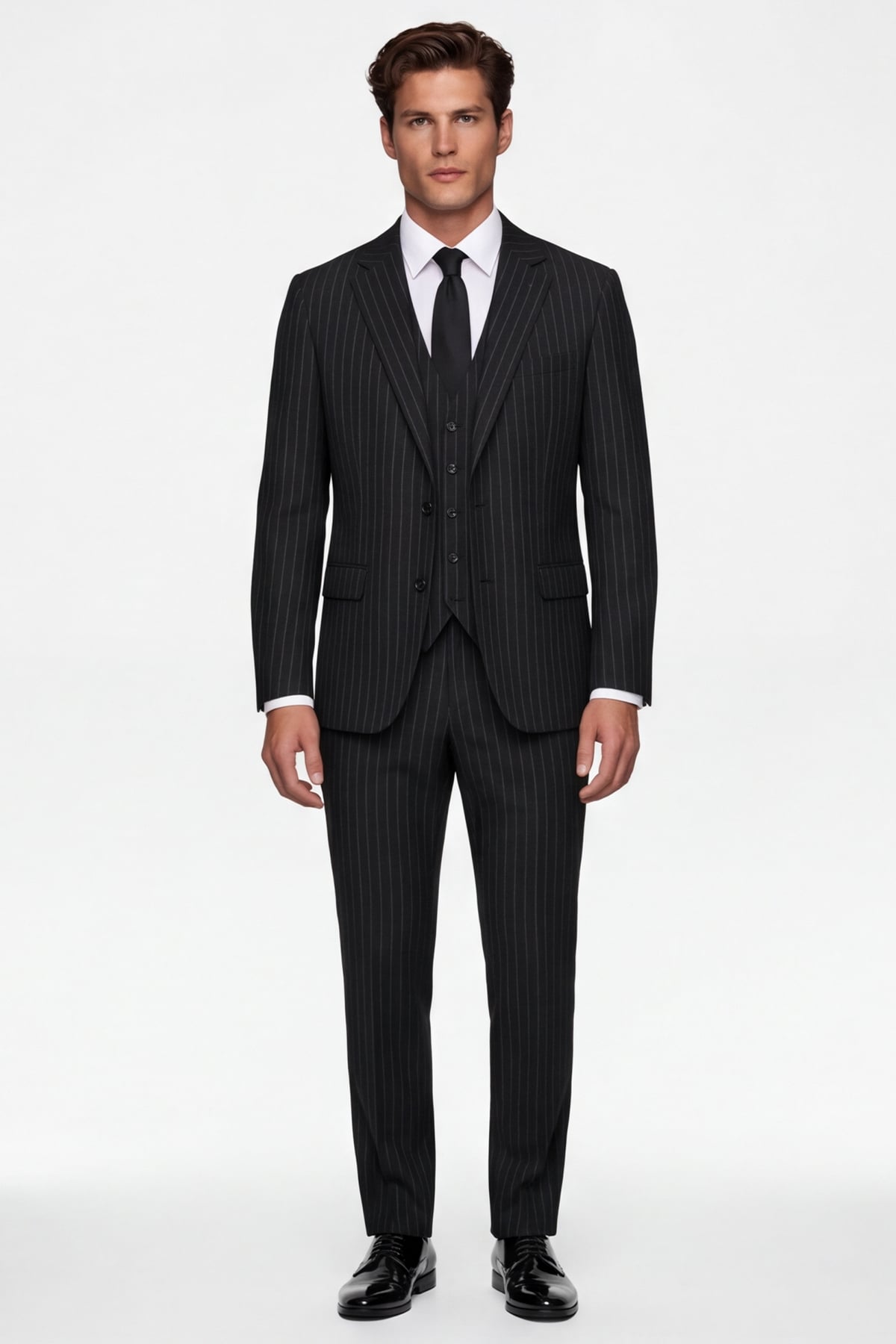 Giotelli Erkek Siyah Dar Kesim Slim Fit Viskon Çizgili Yan Cep Normal Bel 6 Drop Takım Elbise
