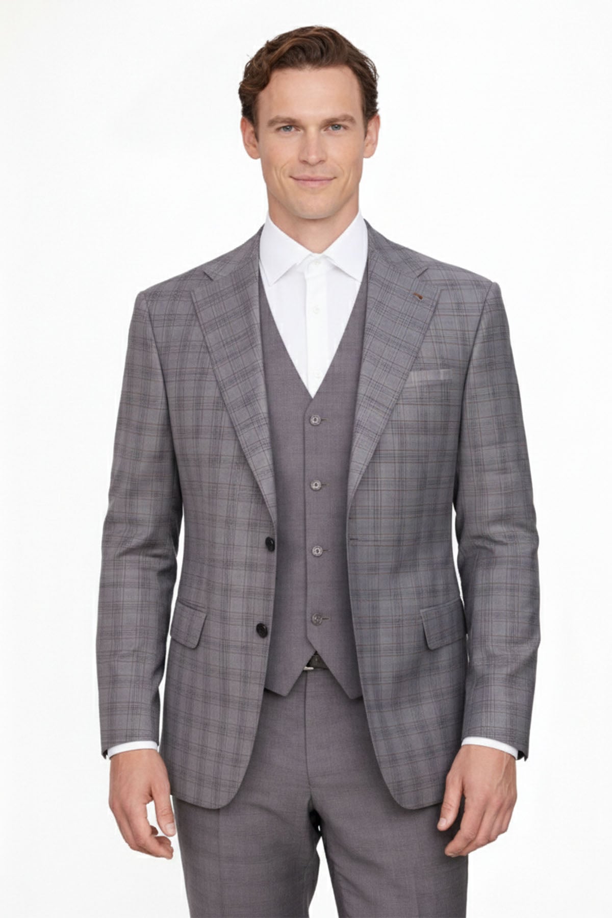 Giotelli Erkek Gri-Kahve Dar Kesim Slim Fit %100 Yün Ekose Mono Yaka Fleto Kapaklı Cep Çift Yırtmaçlı Tam Astarlı 6 Drop Yelekli Takım Elbise