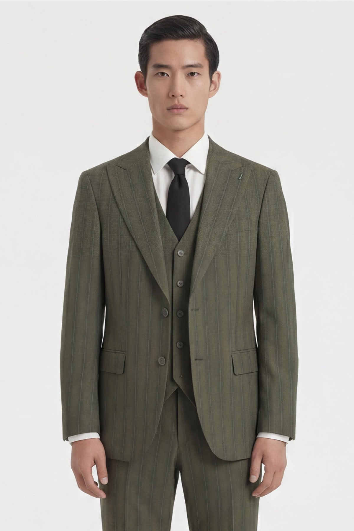 Giotelli Erkek Haki Dar Kesim Slim Fit Viskon Çizgili Dokuma Fleto Kapaklı Cep Normal Bel 8 Drop Yelekli Klasik Takım Elbise