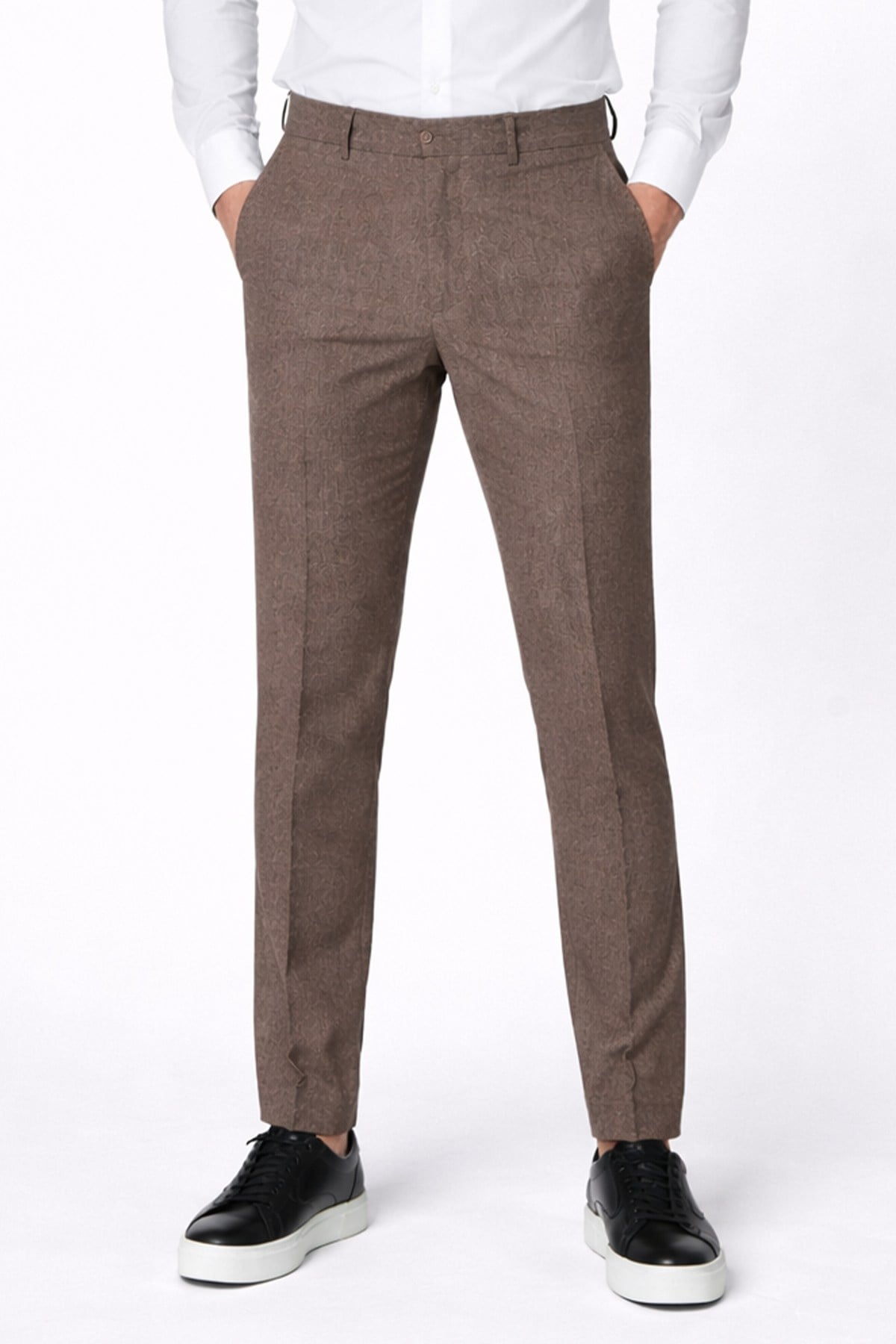 Giotelli Erkek Kahve Dar Kesim Slim Fit Yünlü Dokuma Yan Cep Normal Bel Pantolon