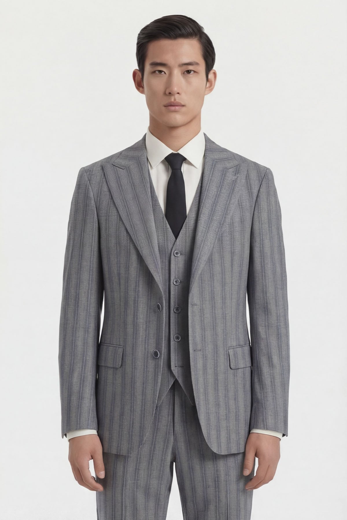 Giotelli Erkek Koyu Gri Dar Kesim Slim Fit Viskon Çizgili Dokuma Fleto Kapaklı Cep Normal Bel 8 Drop Yelekli Klasik Takım Elbise