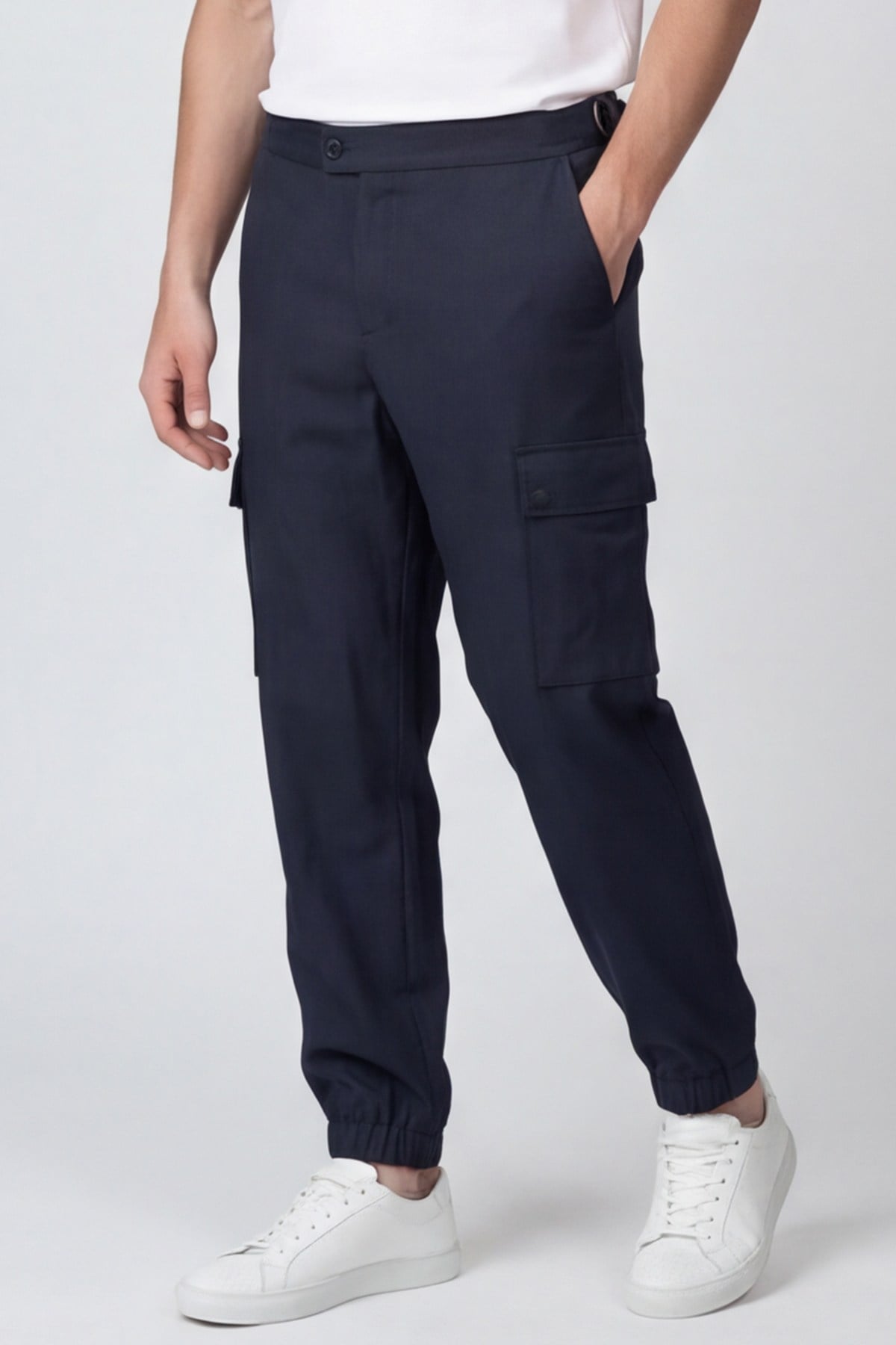 Giotelli Erkek Koyu Lacivert Normal Kesim Regular Fit Viskon Dokuma Kargo Cep Normal Bel 6 Drop Pantolon