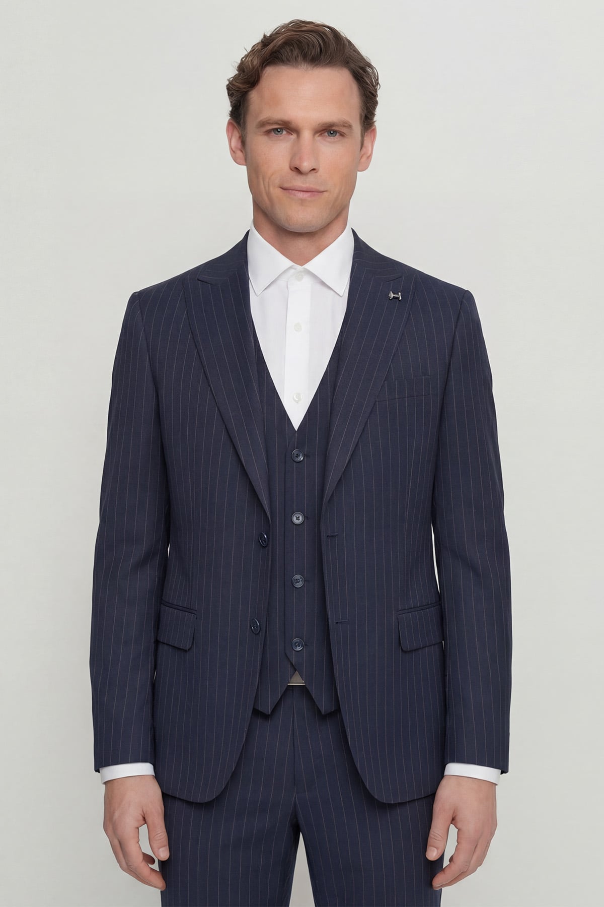 Giotelli Erkek Koyu Lacivert Dar Kesim Slim Fit Viskon Dokuma Normal Bel 6 Drop Yelekli Takım Elbise