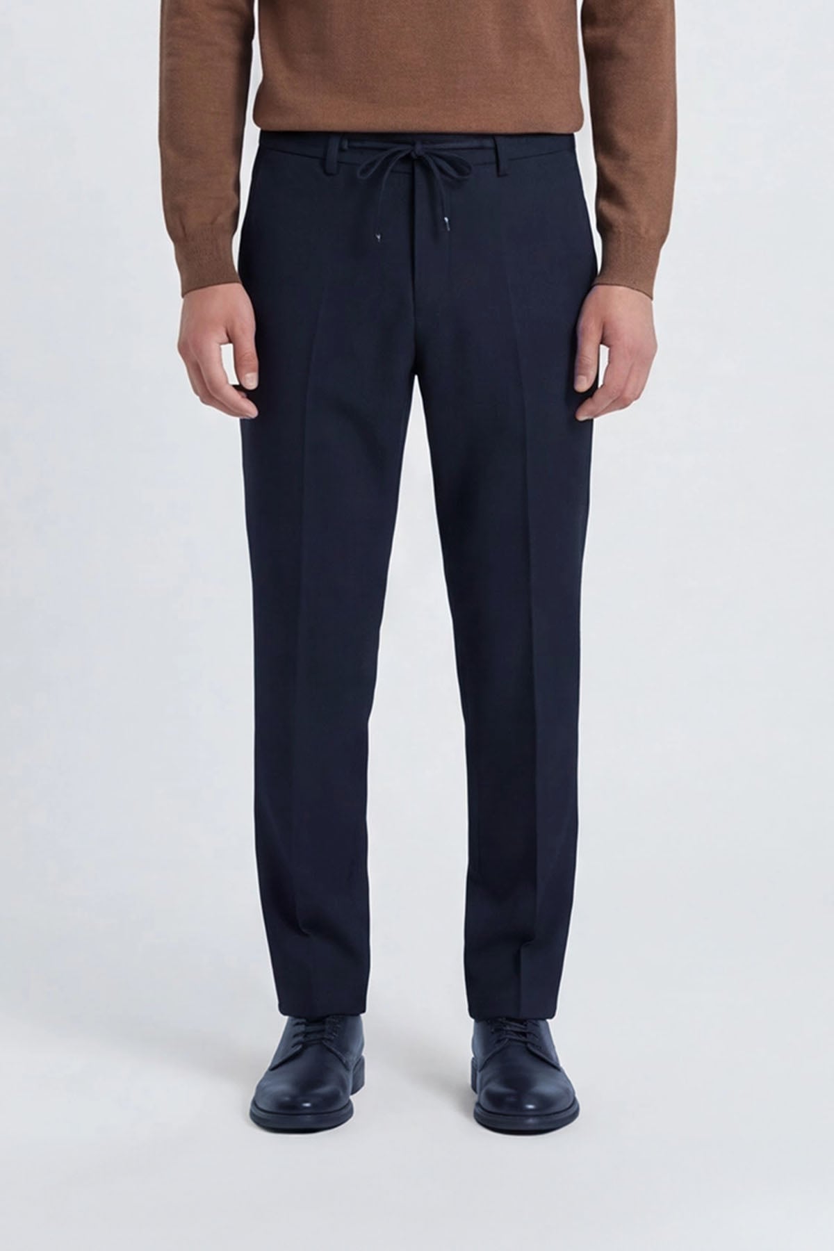 Giotelli Erkek Lacivert Dar Kesim Slim Fit Viskon Dokuma Yan Cep Bağcıklı Bel Pantolon