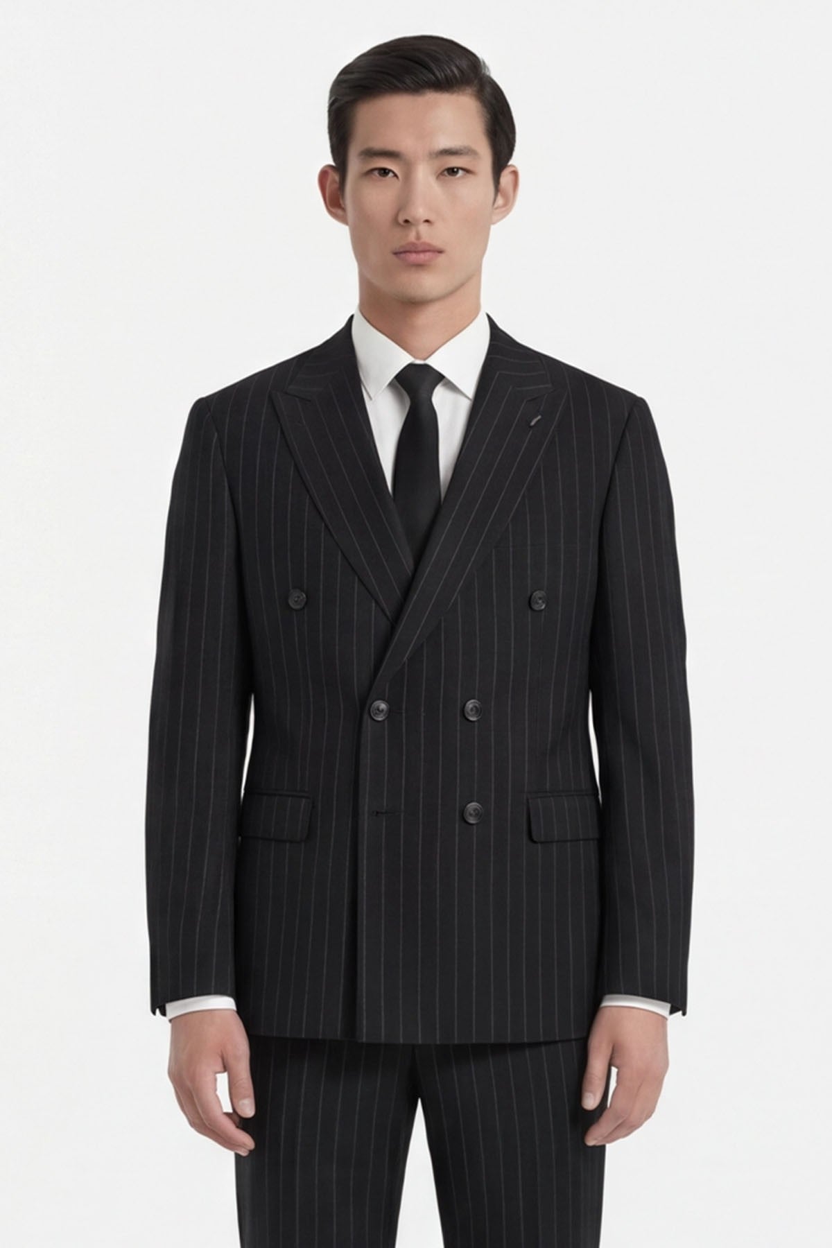 Giotelli Erkek Siyah Dar Kesim Slim Fit Viskon Sivri Yaka Çizgili Kruvaze Fleto Kapaklı Cep Çift Yırtmaçlı Tam Astarlı 6 Drop Takım Elbise