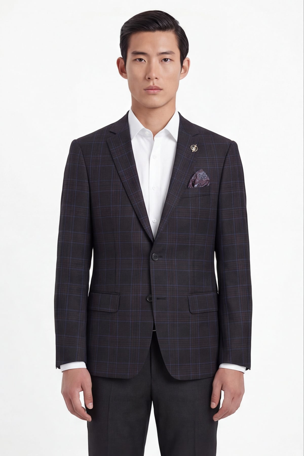 Erkek Siyah Dar Kesim Slim Fit %100 Yün Ekose Dokuma Normal Bel 6 Drop Takım Elbise