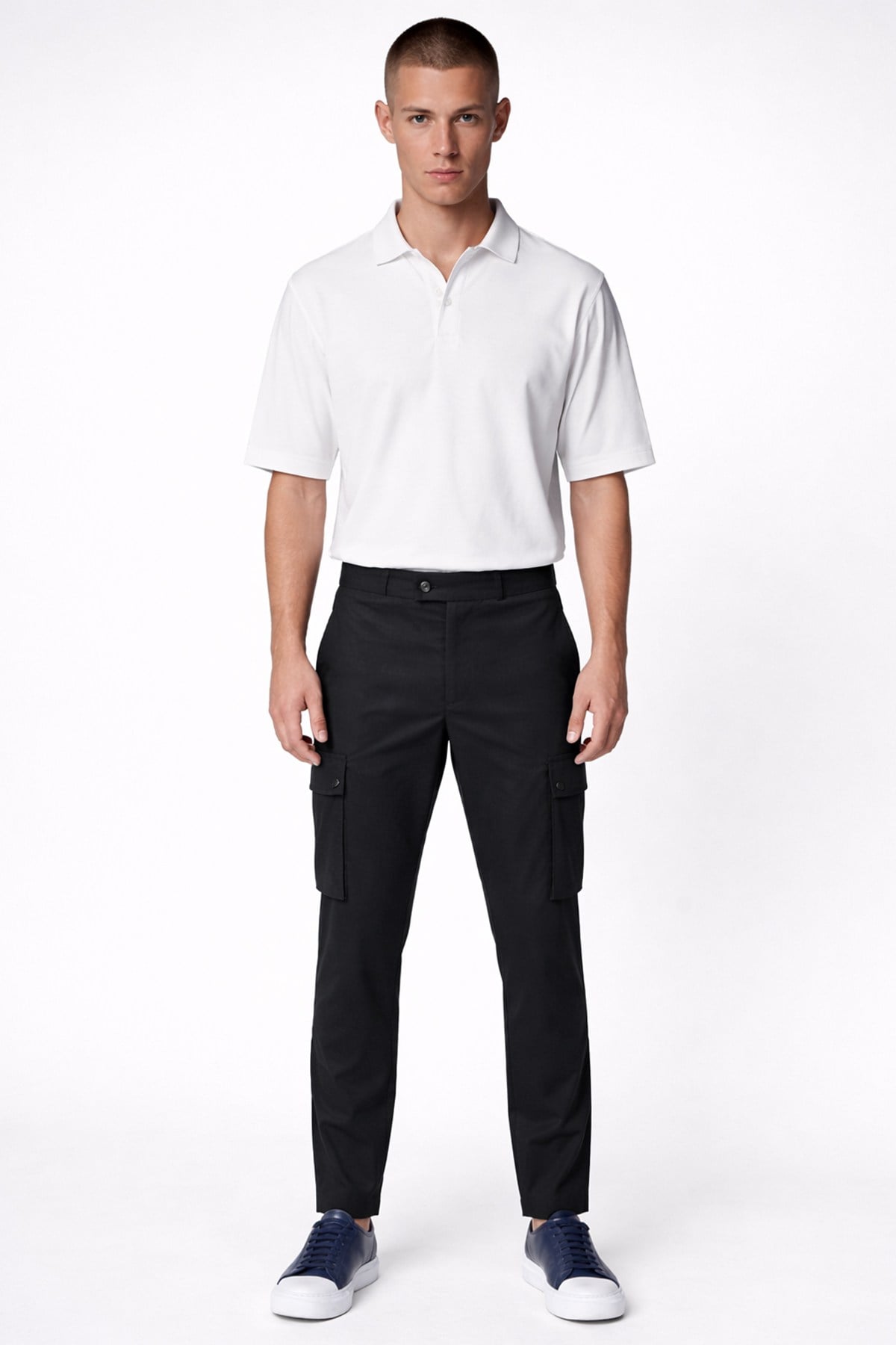 Giotelli Erkek Siyah Dar Kesim Slim Fit Viskon Dokuma Kargo Cep Normal Bel Pantolon