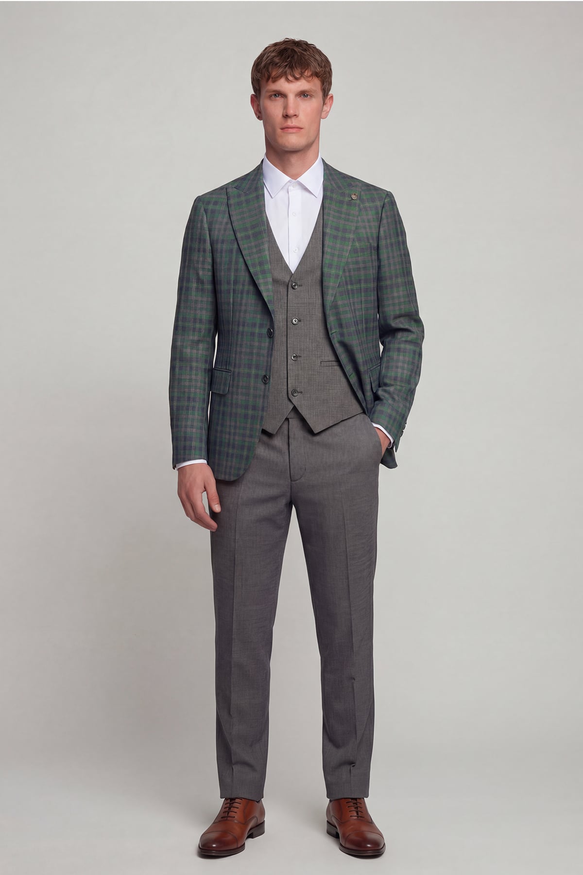 Giotelli Erkek Yeşil Dar Kesim Slim Fit Yünlü Dokuma Ekose Normal Bel 6 Drop Yelekli Takım Elbise