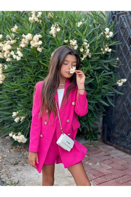 Gold Düğmeli Blazer Ceket Fuşya 8 Yaş